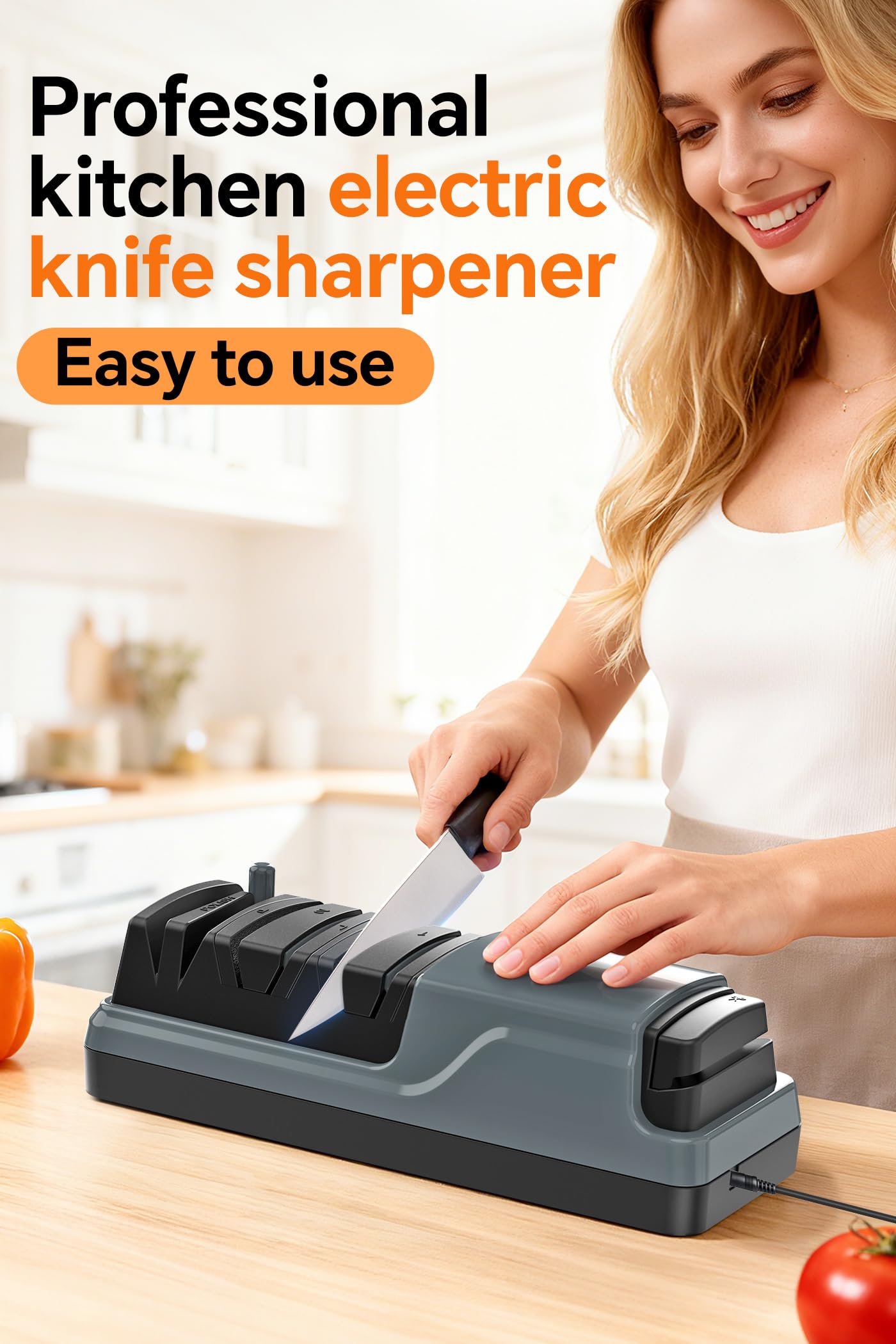 Affilacoltelli Elettrico Multifunzione 5 in 1, Affilacoltelli Elettrico Professionale per l'Affilatura e la Lucidatura, Coltelli da Cucina e Forbici per un Ripristino Rapido, Grigio scuro