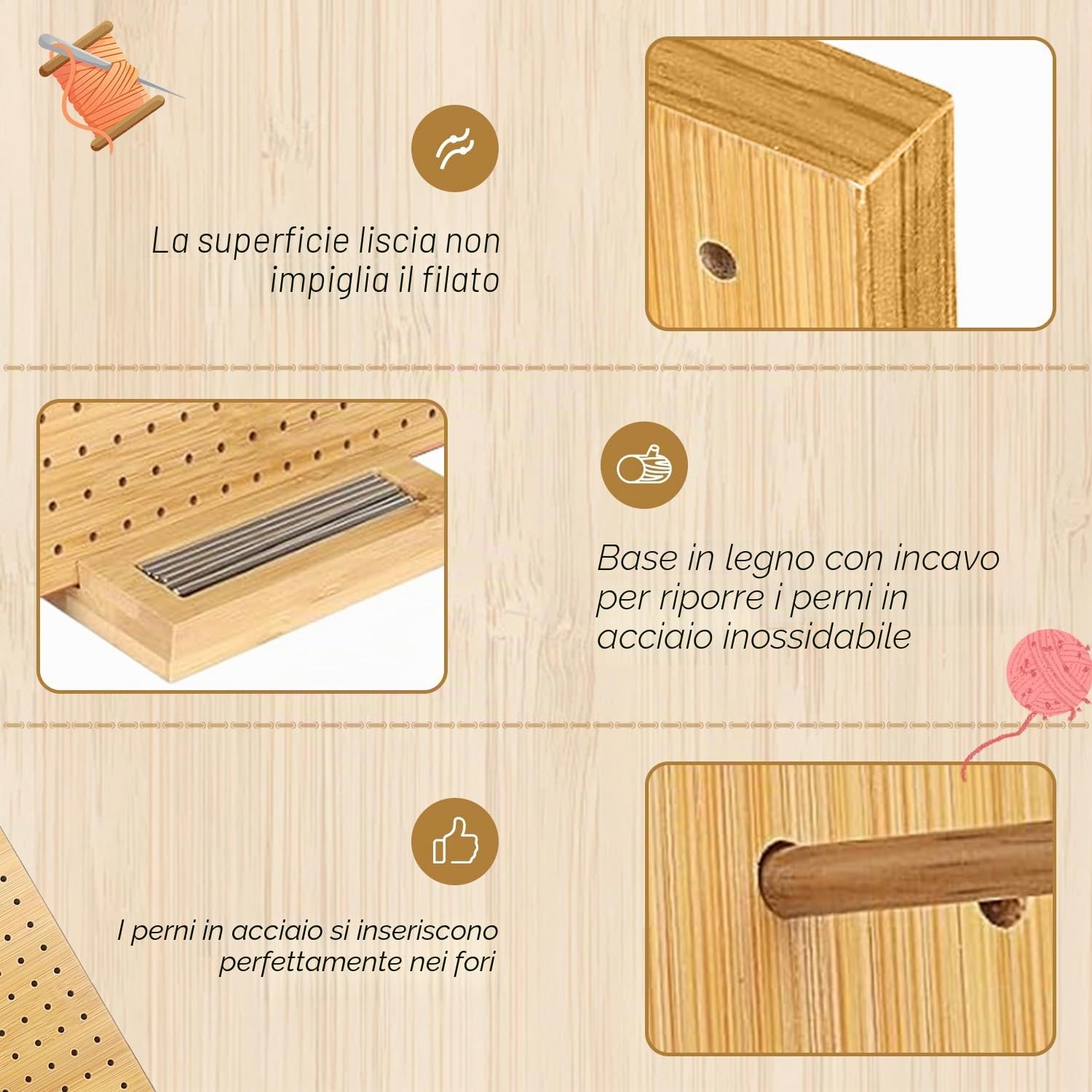 Buachois Tavola per Lavorare a Maglia Kit,Tavola Quadrata Fatta a Mano, Blocco e Aghi, 29 cm x 29 cm, con 30 Perni in Acciaio Inox, Tavola per Lavorare a Maglia e All'uncinetto di Progetti