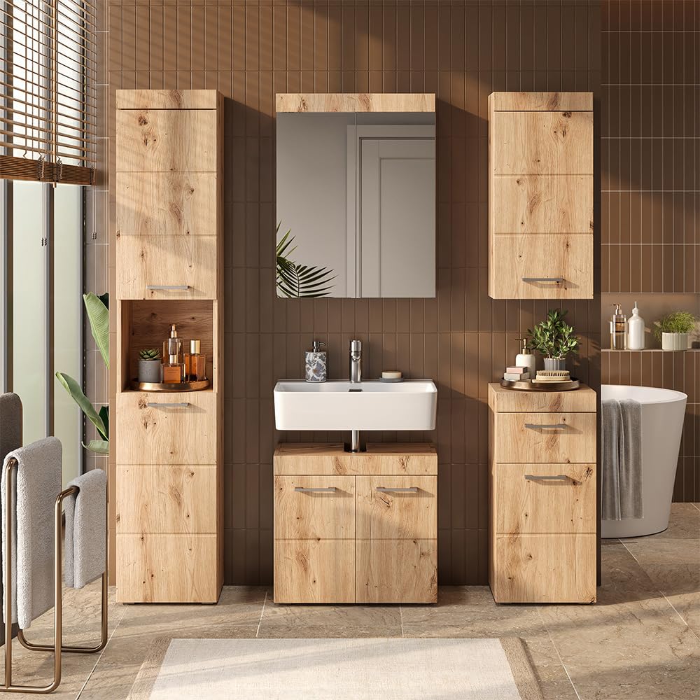 Vicco Set mobili bagno Luna, Quercia Wotan, 60 cm, composto da specchio da bagno e mobile sottolavabo