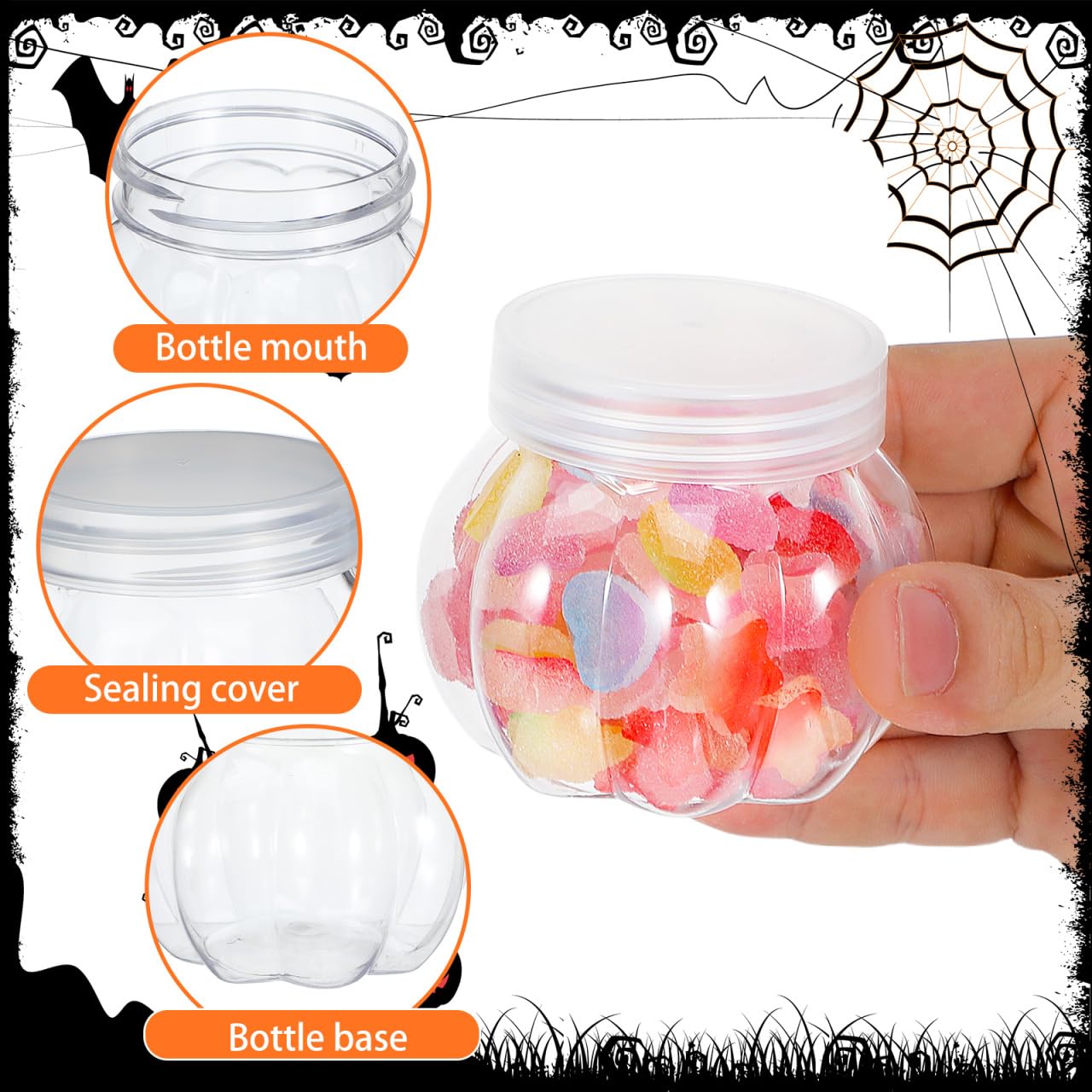 DOITOOL Lot de 12 pots à bonbons en plastique transparent en forme de citrouille d'Halloween - 150 ml - Joli pot de rangement pour biscuits d'Halloween - Décoration de fête d'Halloween