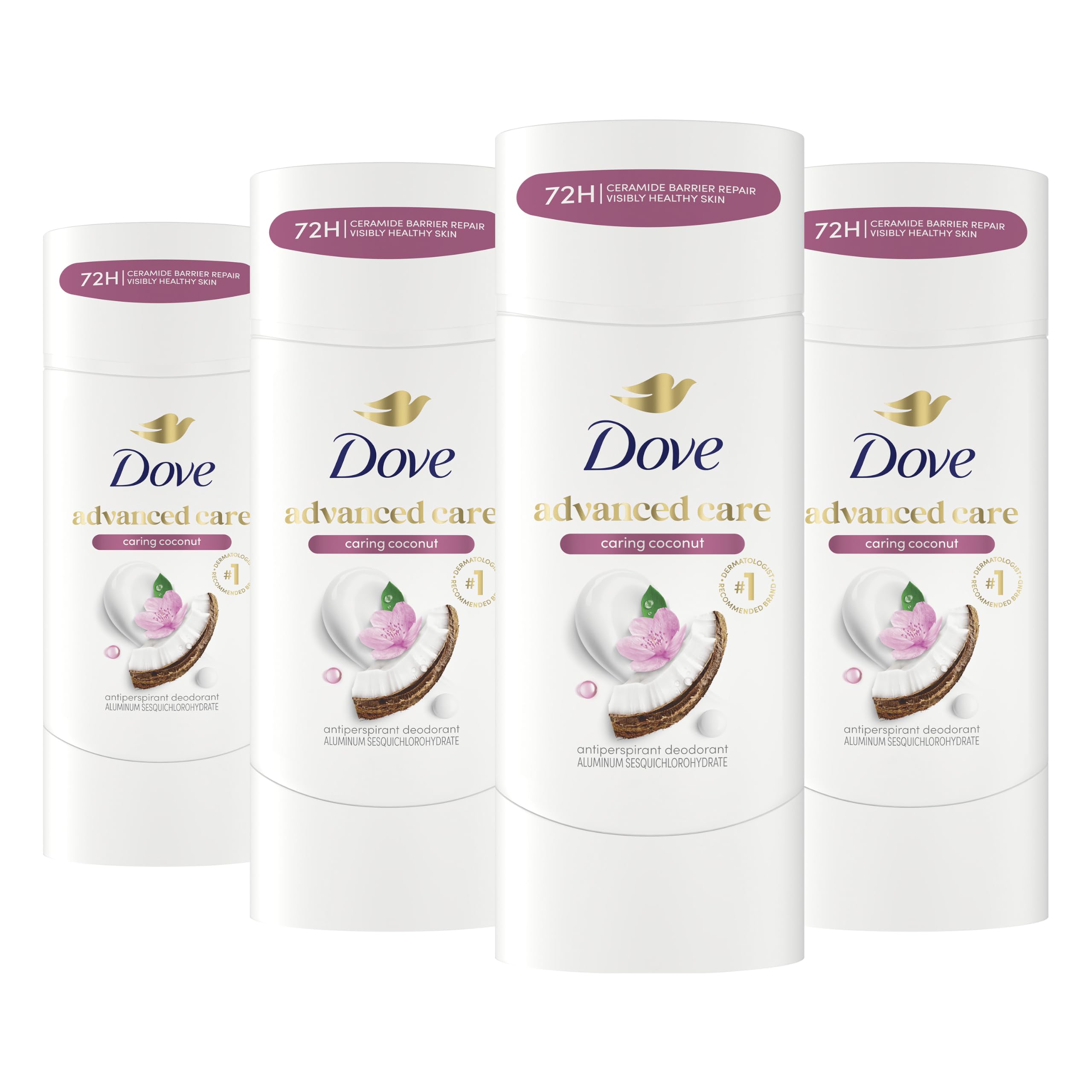 Photo 1 of Dove Advanced Care Antiperspirant Deodorant Stick Caring Coconut 4 ct for helping your skin barrier repair after shaving 72-hour odor control and sweat protection with Pro-Ceramide Technology 2.6 oz
