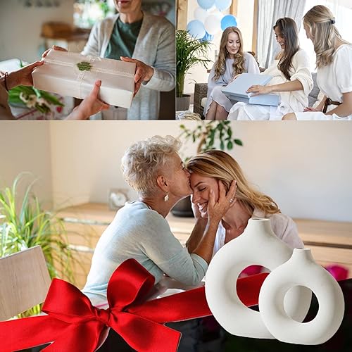 Miniatura 6 de MJGDNH Juego de 2 jarrones de cerámica blanca, jarrones blancos para decoración, jarrón redondo mate en forma de dona, moderno jarrón bohemio con