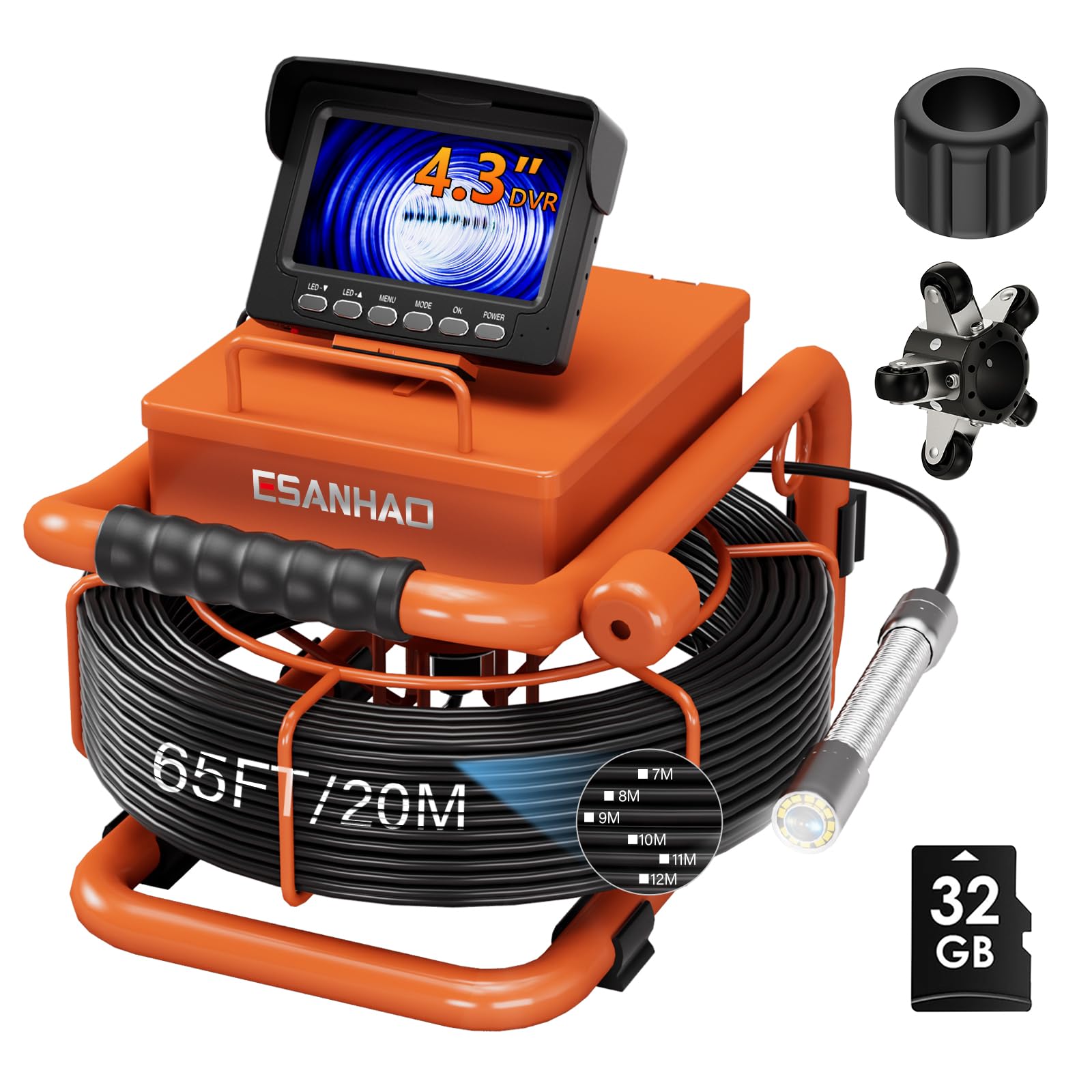 Cámara de Inspección de 20/30m con DVR, Cámara para Inspección de Tuberías de Alcantarillado con Grabador de Audio, Batería de 5600 mAh, 12 Luces LED Ajustables, Tarjeta de 32GB Incluida (20M)