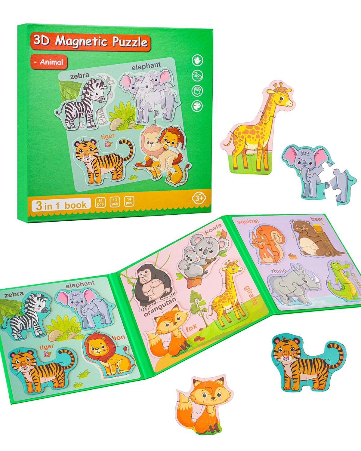 Magnetic Puzzles for Toddlers 1-3, Travel Puzzles for Kids Ages 3-5, Animal Activities Toy Wooden Jigsaw Puzzles Book for Boys & Girls 2-4, Learning