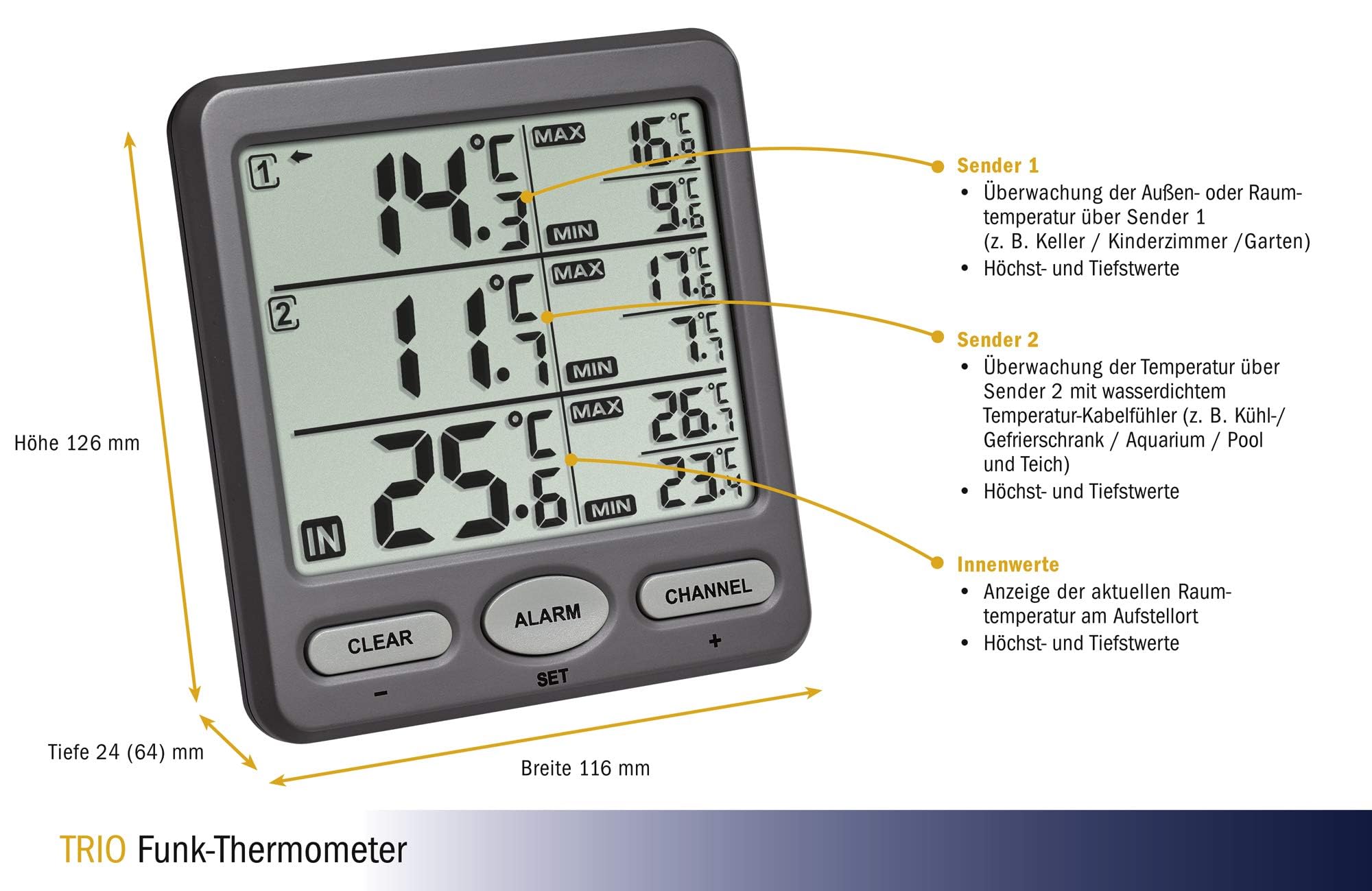 TFA Dostmann Funk-Thermometer Trio – Basisstation + 2 Sender (inkl. wasserdichtem Kabelsensor), 30.3062.10, 100 m Reichweite, Temperaturalarm & Min/Max – für Kühlschrank, Aquarium, Pool, grau