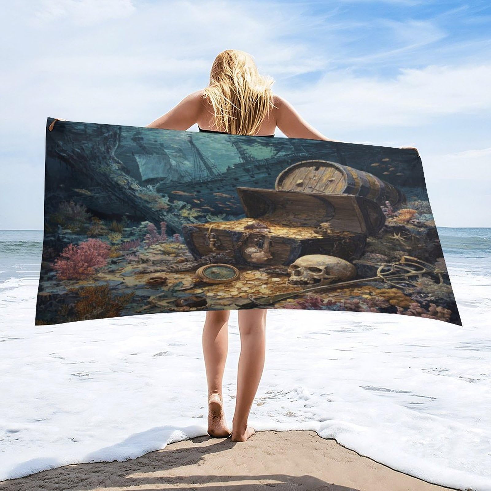 Luyysky Colorful Realistic Pirate Ship Quick-Drying Beach Towel, Mid Century Vintage Nautical Underwater Treasure Shipwreck Skull Travel Vacation Single Sided Pile Bathroom Towels-80 W Cm X 160" L Cm