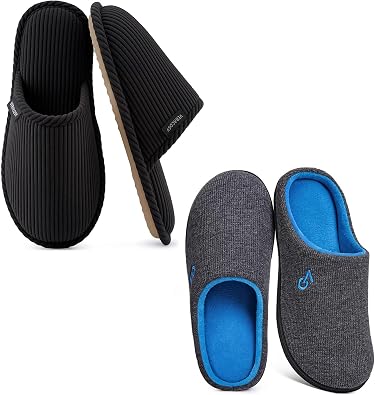 VeraCosy Mens & Womens Set of 2 Pairs-Two-Tone Memory Foam House Slippers Size 13-14,Dark Gray-Scuff slippersSize 42-43,Black