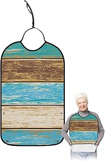 BOBOWUNY Teal Brown Ombre Adult Bibs for Elder Women Men Eating, Farmhouse Beige Wooden Striped Waterproof & Washable Bibs for Eating Clothing Protector Dining Bibs for Crumb Catcher