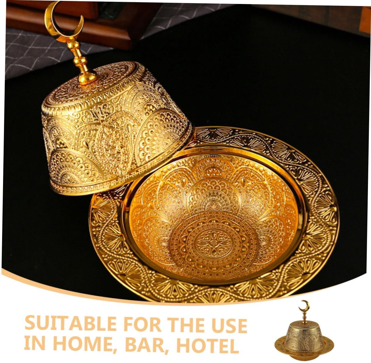 Metal Snack Bowl with Lid Middle East Arabian Dessert Storage Bowl Gold Fruit Candy Tray for Snacks and Pastries for Home and Party Use