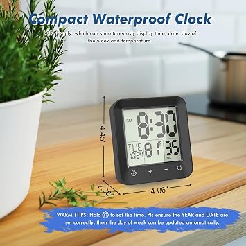 Waterproof Shower Clock Timer, Bathroom Clock with Countdown, Touch Screen, Indoor Temperature, Suction Cup, LCD Digital Wall Clock for Bath, Kitchen