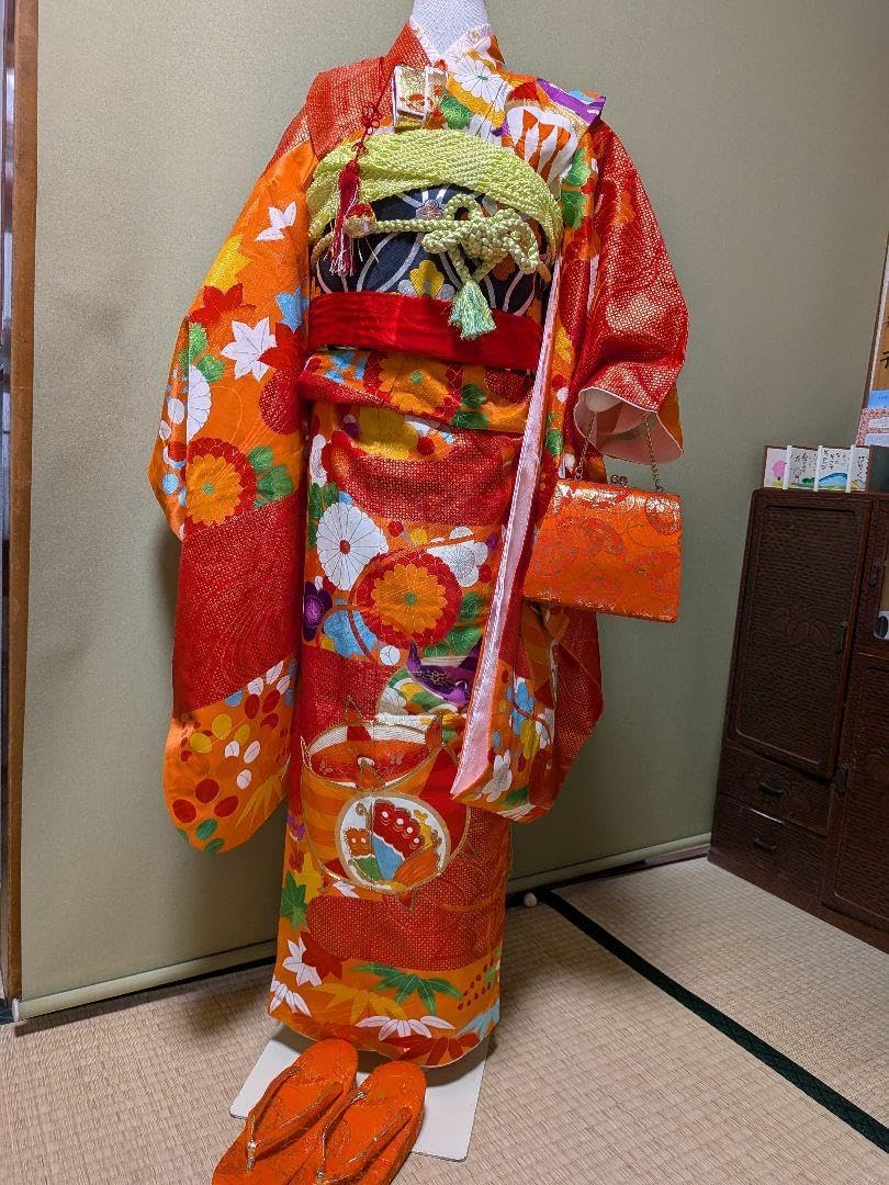 キッズ＆ベビー 七五三 7歳用フルセット 花柄蝶デザイン着物 赤オレンジ