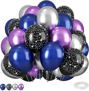 Galaxy Blue & Purple Metallic Balloons - Star Printed 12 Inch Space Theme