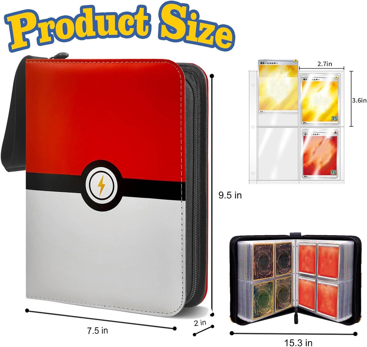4 Pocket Trading Cards Binder,Collection Card Album Storage and Organizer 3 Ring Zipper, Card collectible for Sport, Baseball, MTG, YuGiOh, TCG - 50 Pages Holds 400 Cards (Lightning)
