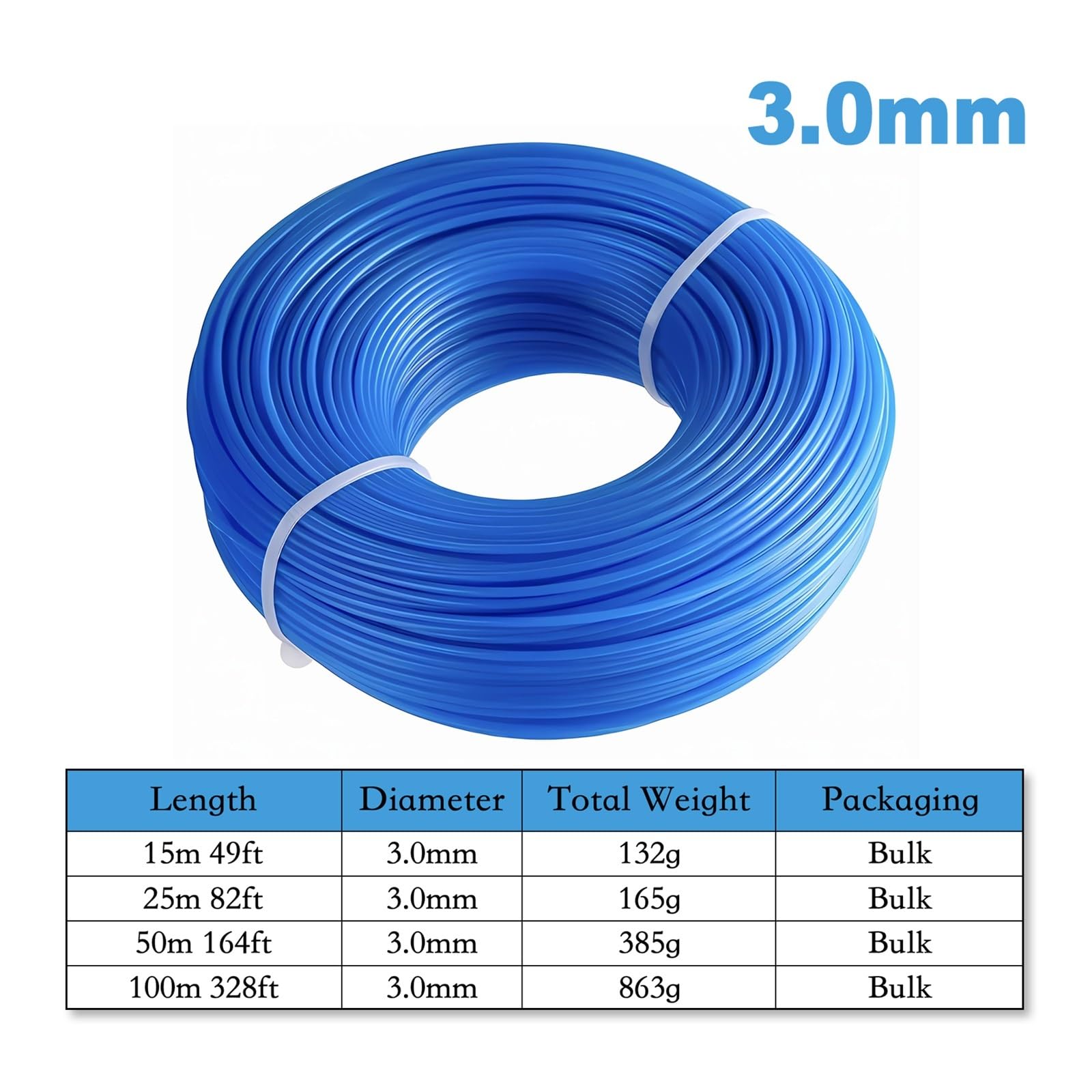 Filo Nylon per decespugliatore 1.6~4.0mm x 100M Tondo | Corda per decespugliatore e tosaerba, 1 rotolo, nylon(3mm,100m)