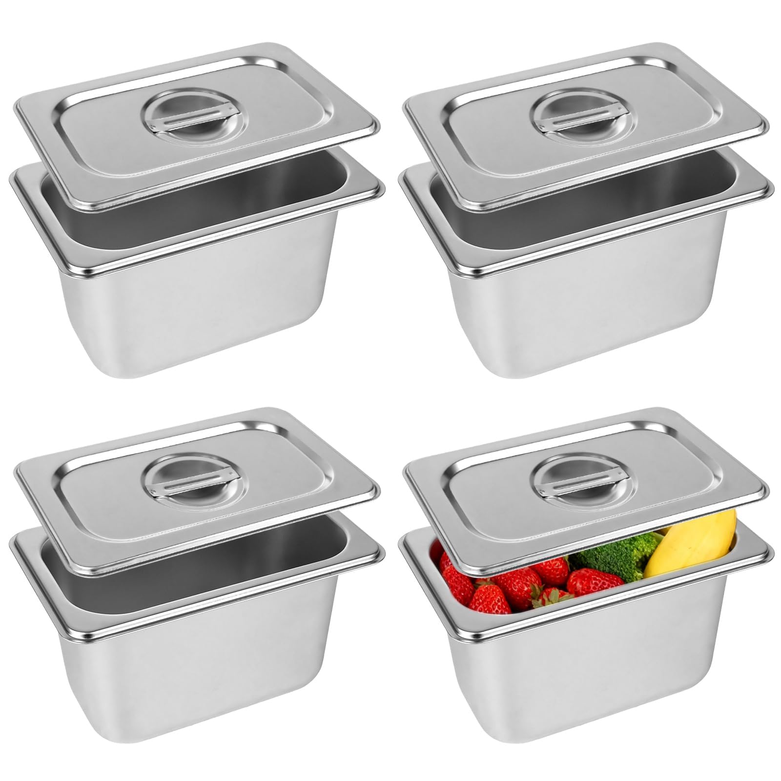 Lot de 4 Bac Gastronorme GN 1/9 avec Couvercle, Récipient Alimentaire en Acier Inoxydable 176x108x100mm, Plat Inox pour Chafing Dish et Restauration