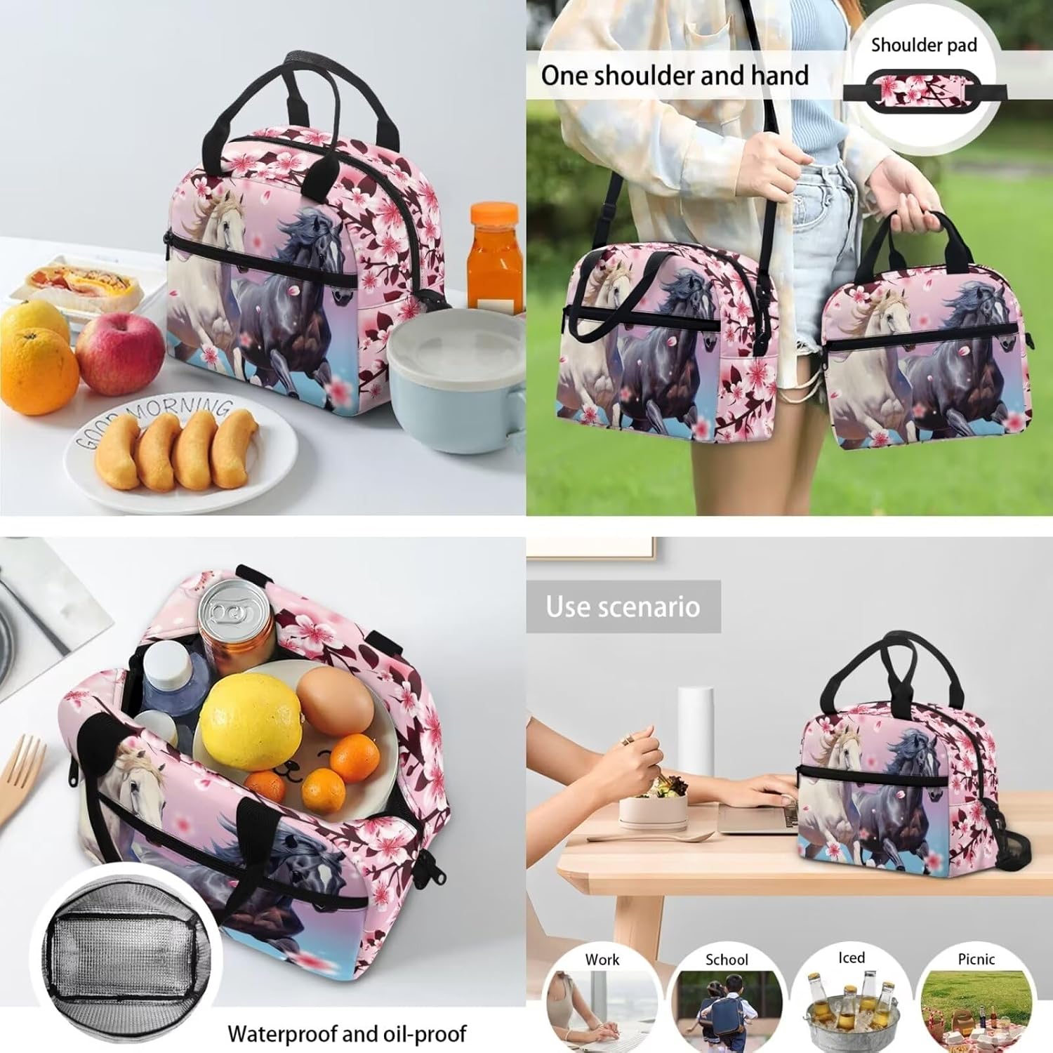 Horse Backpacks for Girls 10-12 with Lunch Box and Pencil Case Cherry Blossom Print Book Bag Kids Elementary Kindergarten Preschool School Bag Cute Daypack Rucksack