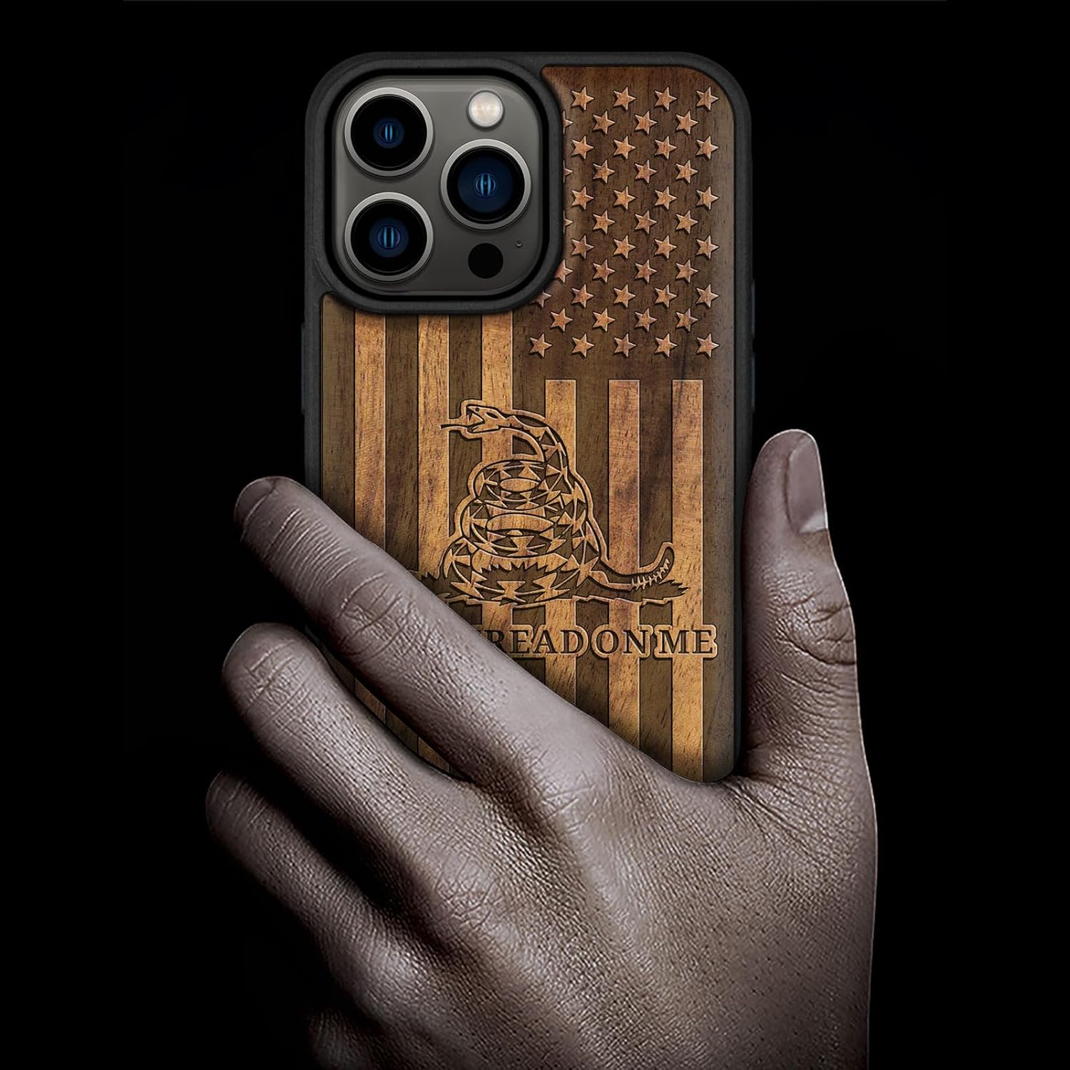 Carveit Magnetic Wooden Case for iPhone 15 Pro Max Case, Compatible with MagSafe Wireless Chargers, Black Soft TPU Shockproof Cover & Wood Artisan Engraved (Gadsden Flag) - Walnut