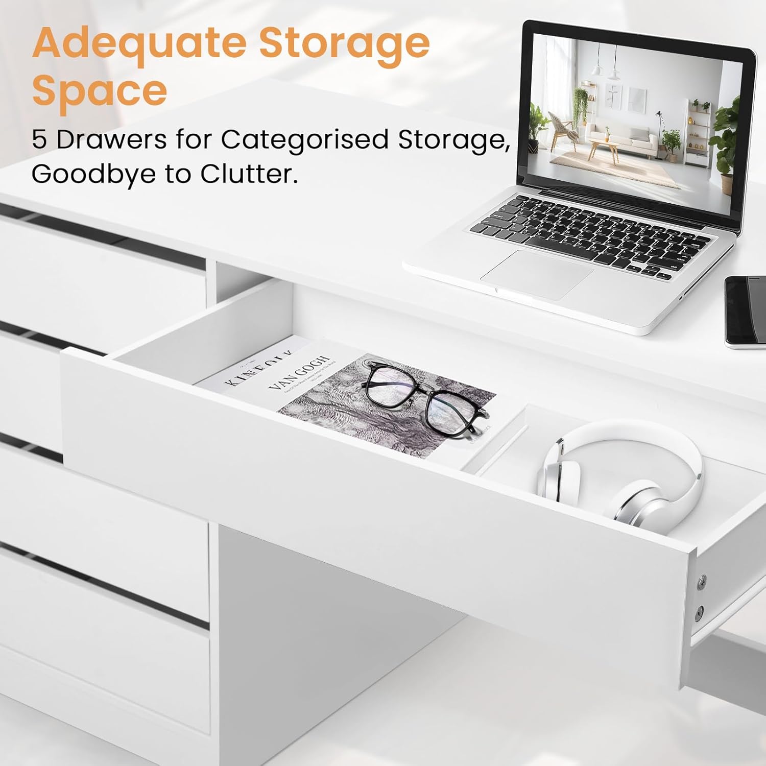 eSituro SCD0229 desk with an open drawer containing glasses and headphones, illustrating storage capacity