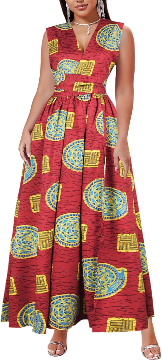 Vimoisa Women Sexy Boho African Long Maxi Dress V-Neck Multi-Way Pleated Floral Print Dresses - Image 5