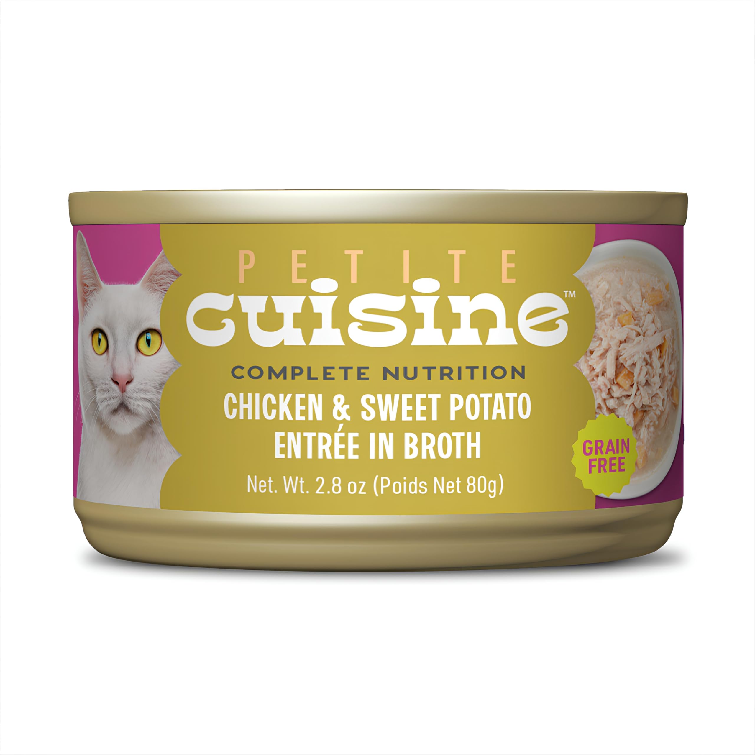 PETITE CUISINE Whole Foods Wet Cat Food, Chicken & Sweet Potato Entree in Broth, 2.8 oz. Can (24 Count)