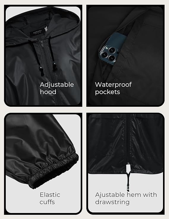 COOFANDY Mens Packable Rain Jacket Lightweight Waterproof Raincoat with Hood Outdoor Rain Gear Travel Hiking Cycling