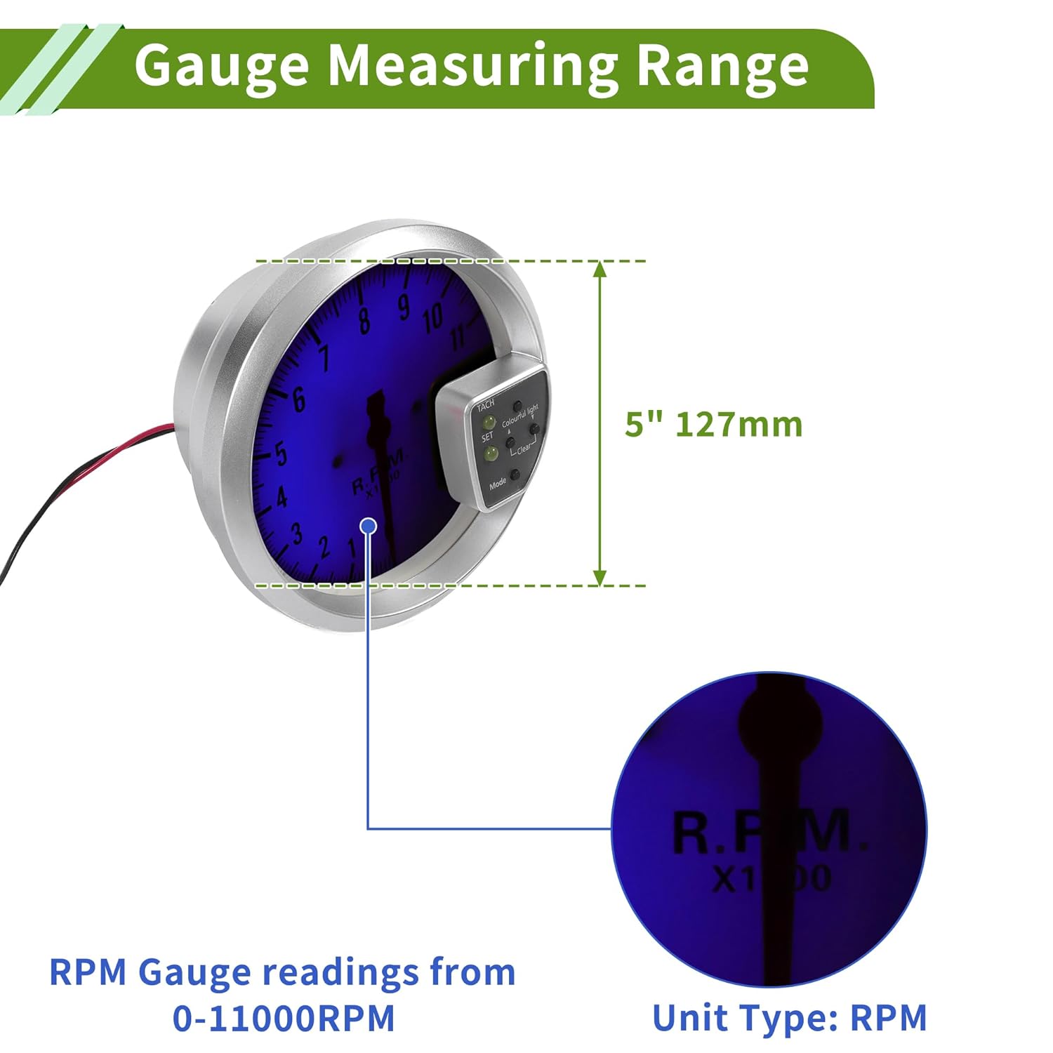 5" 127mm Tachometer Gauge Colorful Pointer RPM Tachometer Tach Gauge 0-11000RPM W/Sensor and Bracket Car DC 12V
