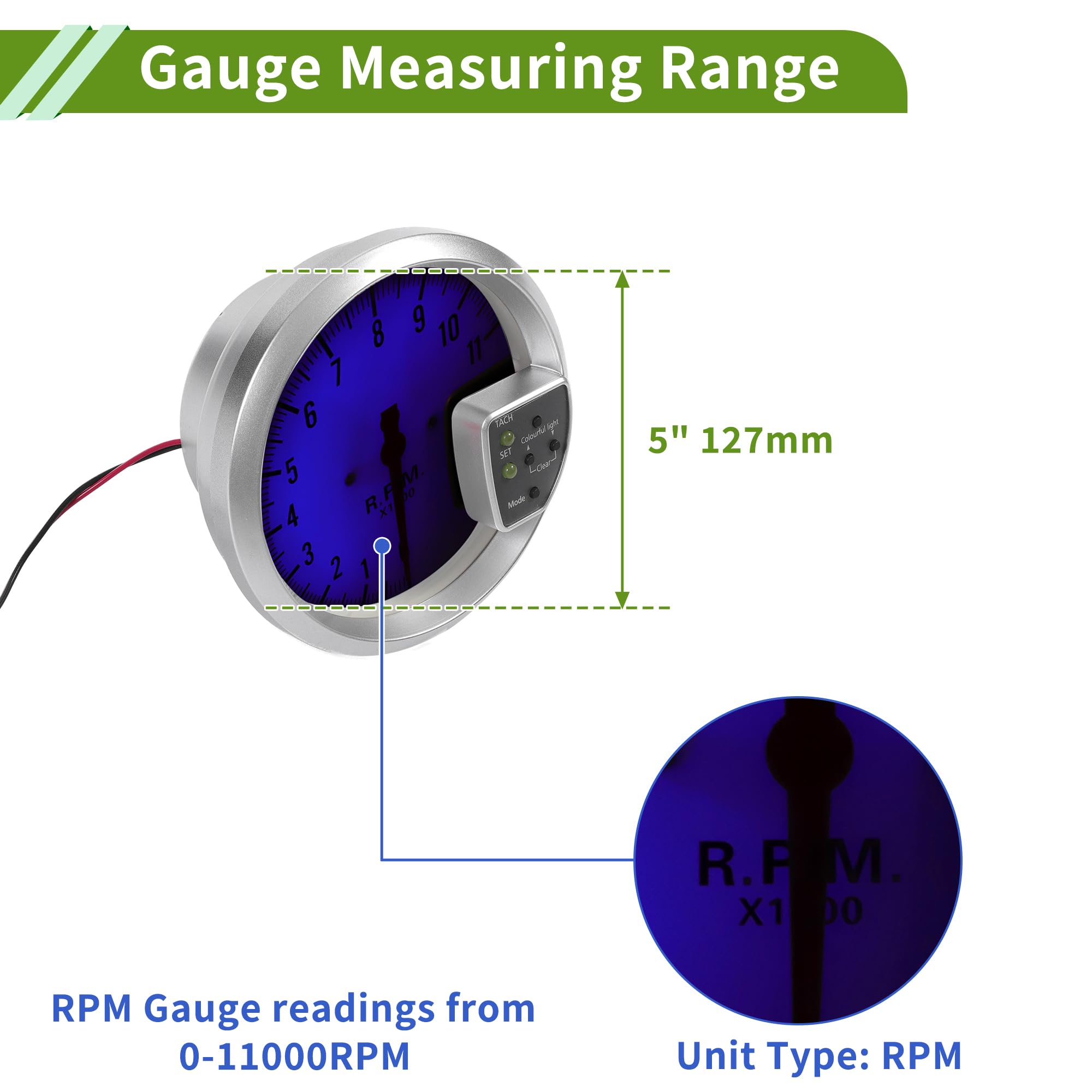 Tacómetro De RPM 5" 127mm Colorido Para Auto 12V 0-11000RPM