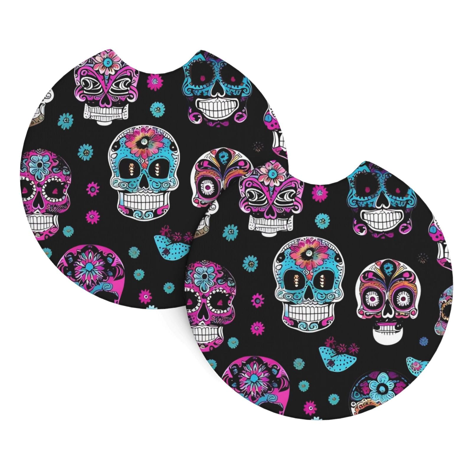2 Pack Car Coaster for Cup Holders Colorful Skulls Print Car Cup Coaster 2.7" Neoprene Non-Slip Automotive Cup Mat Universal Auto Car Interior Accessories for Women Men Cup Pad