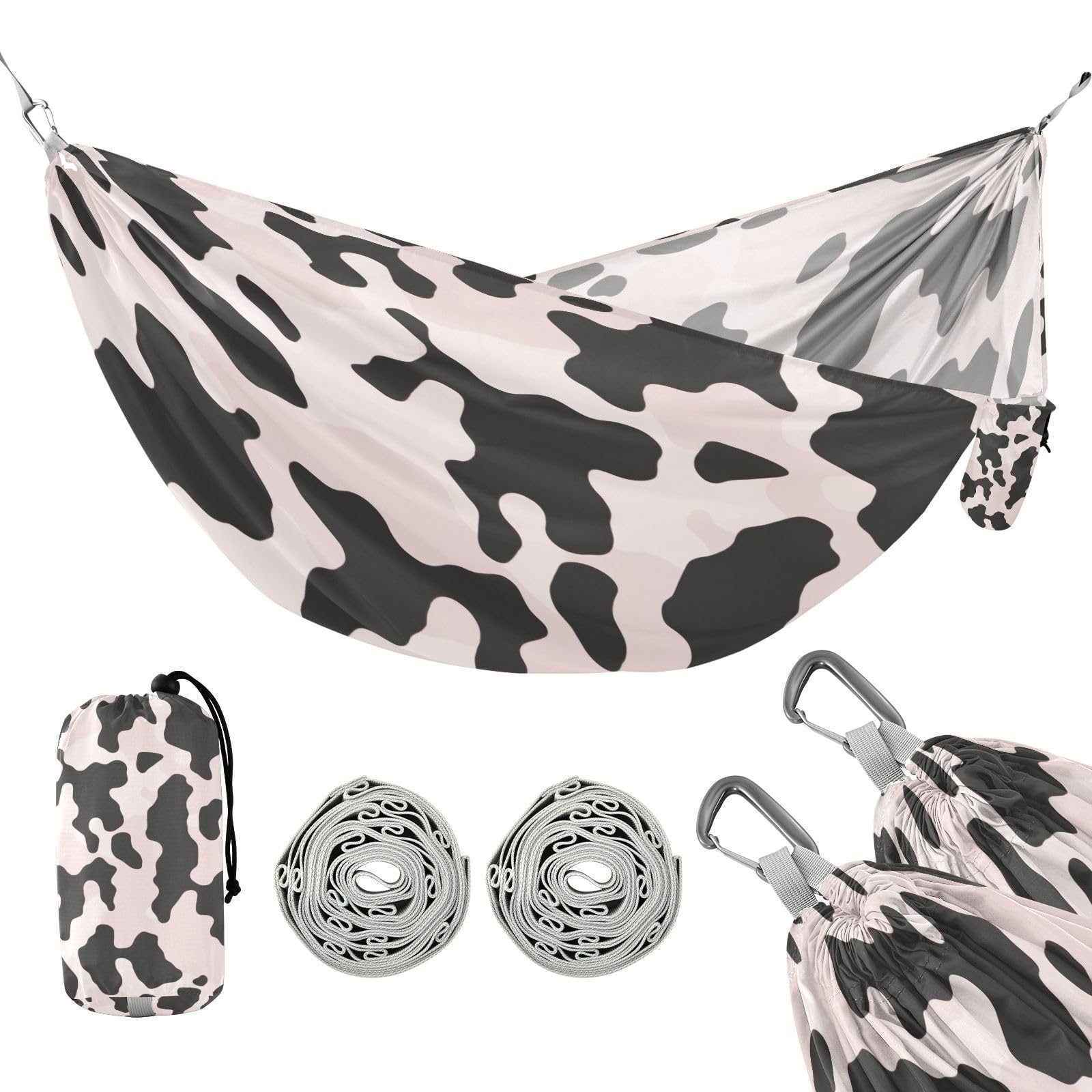SDMKA Cow Print Black Pink Camping Hammock, 330 lbs with 2 Tree Straps, Carry Bag, Single Portable Hammock for Outdoor/Indoor, Hiking, Beach, Backpacking, Travel