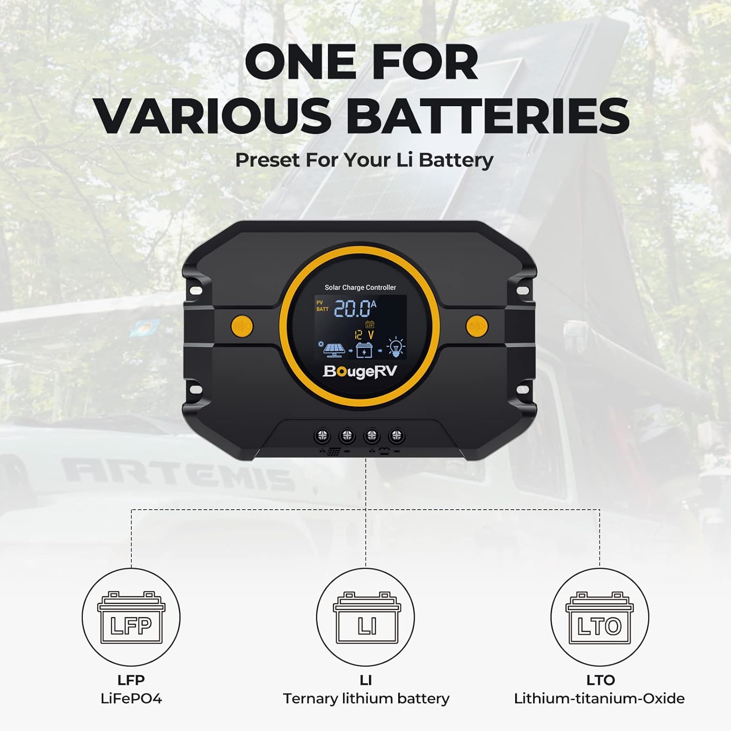 BougeRV 20A PWM Solar Charge Controller with BT APP Control, Backlit LCD Display, USB Port, 12V/24V, Compatible with Lithium/AGM/Gel/FLD Batteries, Ideal for RV Marine Boat Off-Grid Systems