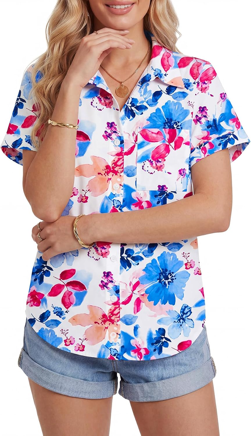 KIFOVEN Women's Button Down Shirt V Neck Short Sleeve Blouse Business Casual Collared Summer Tops with Pocket