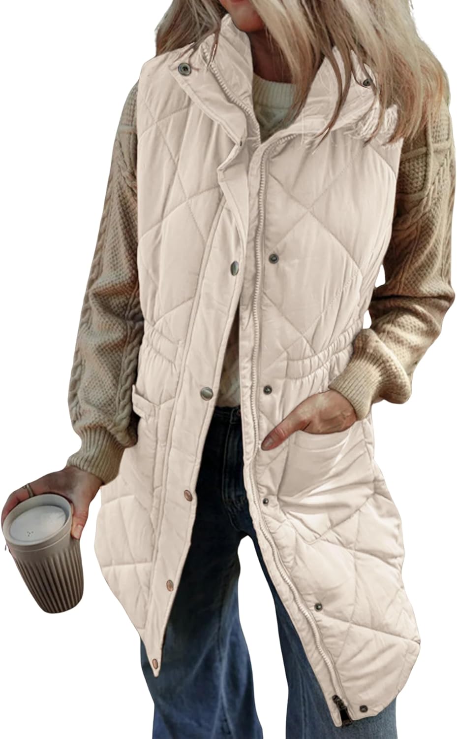 Athlisan Womens Long Puffer Vest Sleeveless Zip Up Stand Collar Padded Gilet Coat with Pockets(Apricot-S)