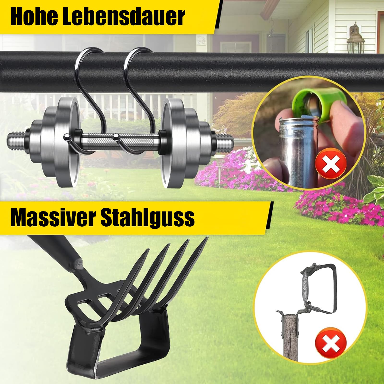 Houe de Jardin avec Râteau, Houe à étrier et râteau à pointes 4 dents 2 en 1, 94-167cm Adjustable length inoxydable Serfouette Binette Trident de Jardin pour désherber, meubler le sol