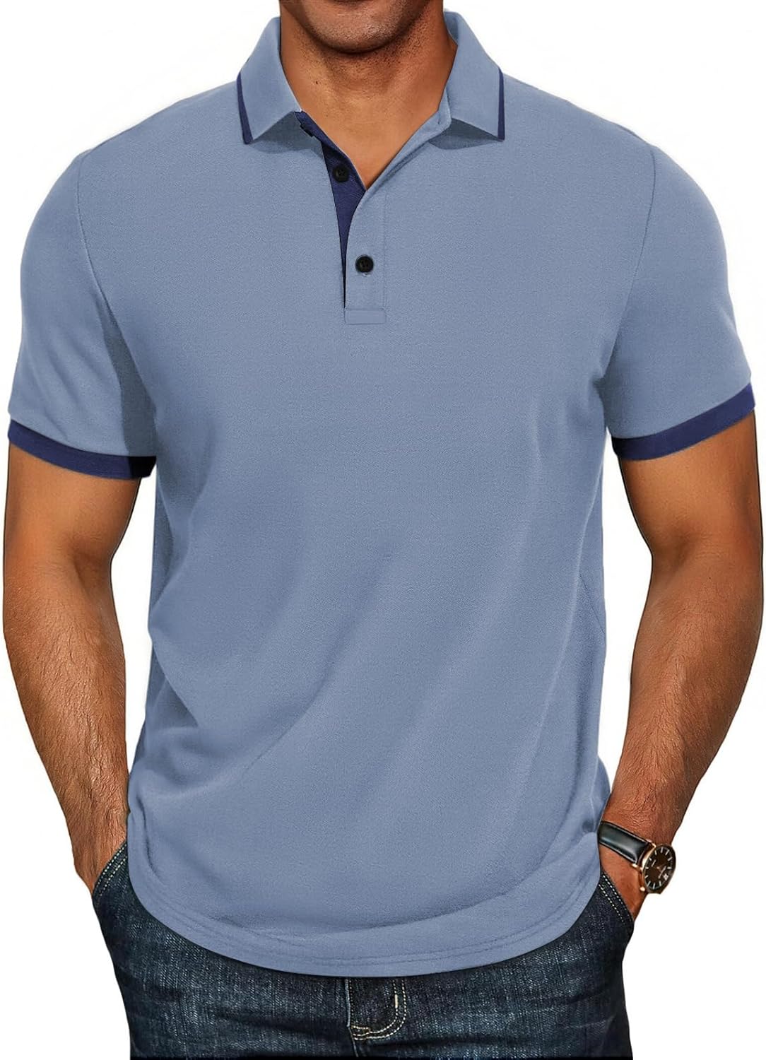 HMIYA Mens Short Sleeve Cotton Blend Pique Polo Shirts Color Block Polos S-3X