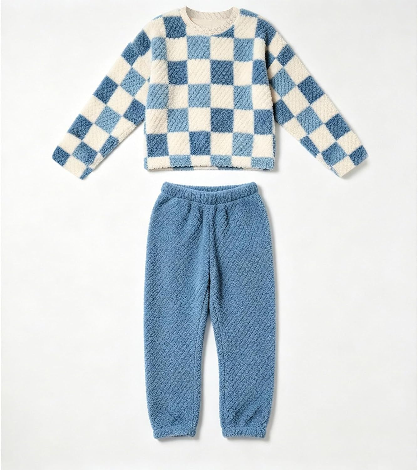 Women's Coral Fleece Pajama Set Checkerboard Winter Sleepwear | Plush Coral Fleece Feel, Checkerboard Pattern, Crew Neck, Loose Pants for Cold Nights, Movie and Home Relax