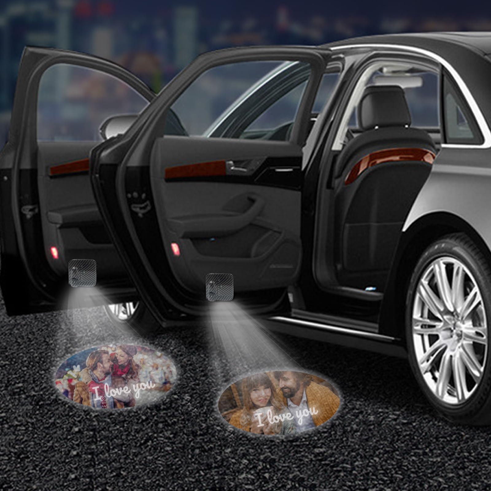 Luci Proiettori per Portiera Auto Personalizzate, Confezione da 2 Luci LED di Benvenuto Wireless con Foto e carattere Personalizzati, Proiettore Ombra Fantasma HD Universale per Tutte le Auto