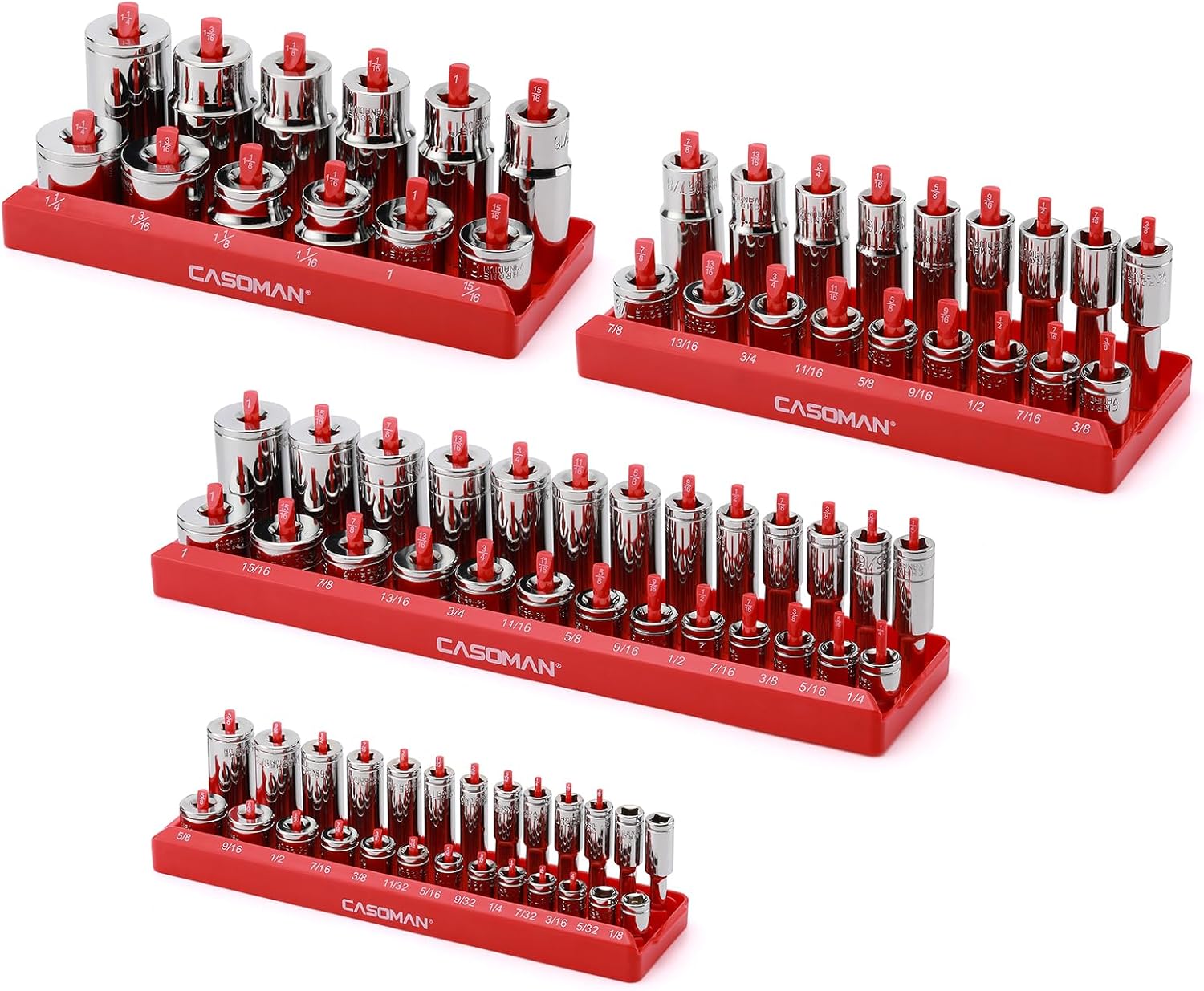 CASOMAN 4PCS Socket Tray Set, SAE, 1/2" & 3/8" & 1/4"Drive, Red Socket