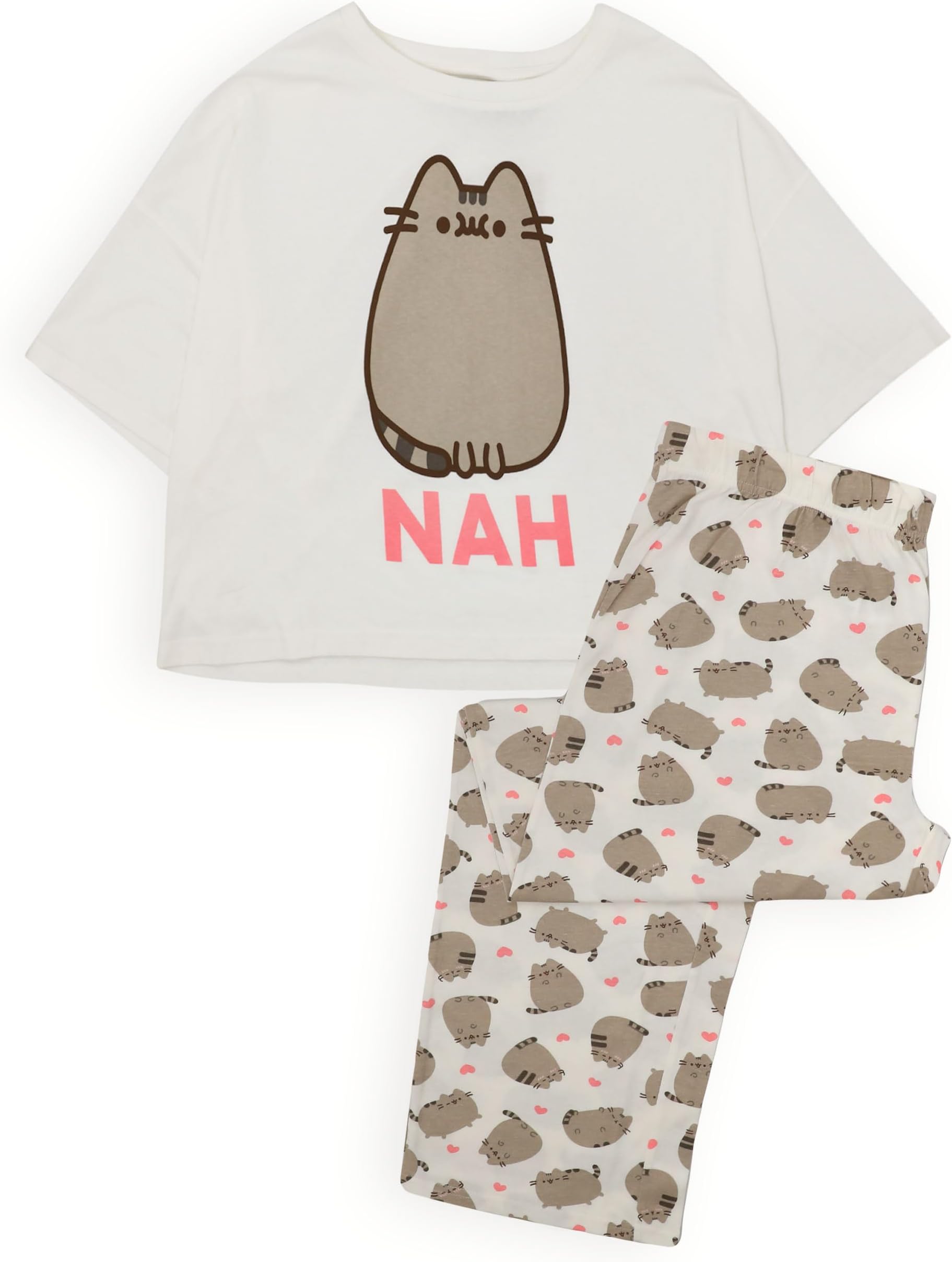 Pusheen Womens Pyjamas | Adults Ladies Cartoon Cat Nah White T-Shirt With Long Bottoms Pjs | Animal Anime Merchandise