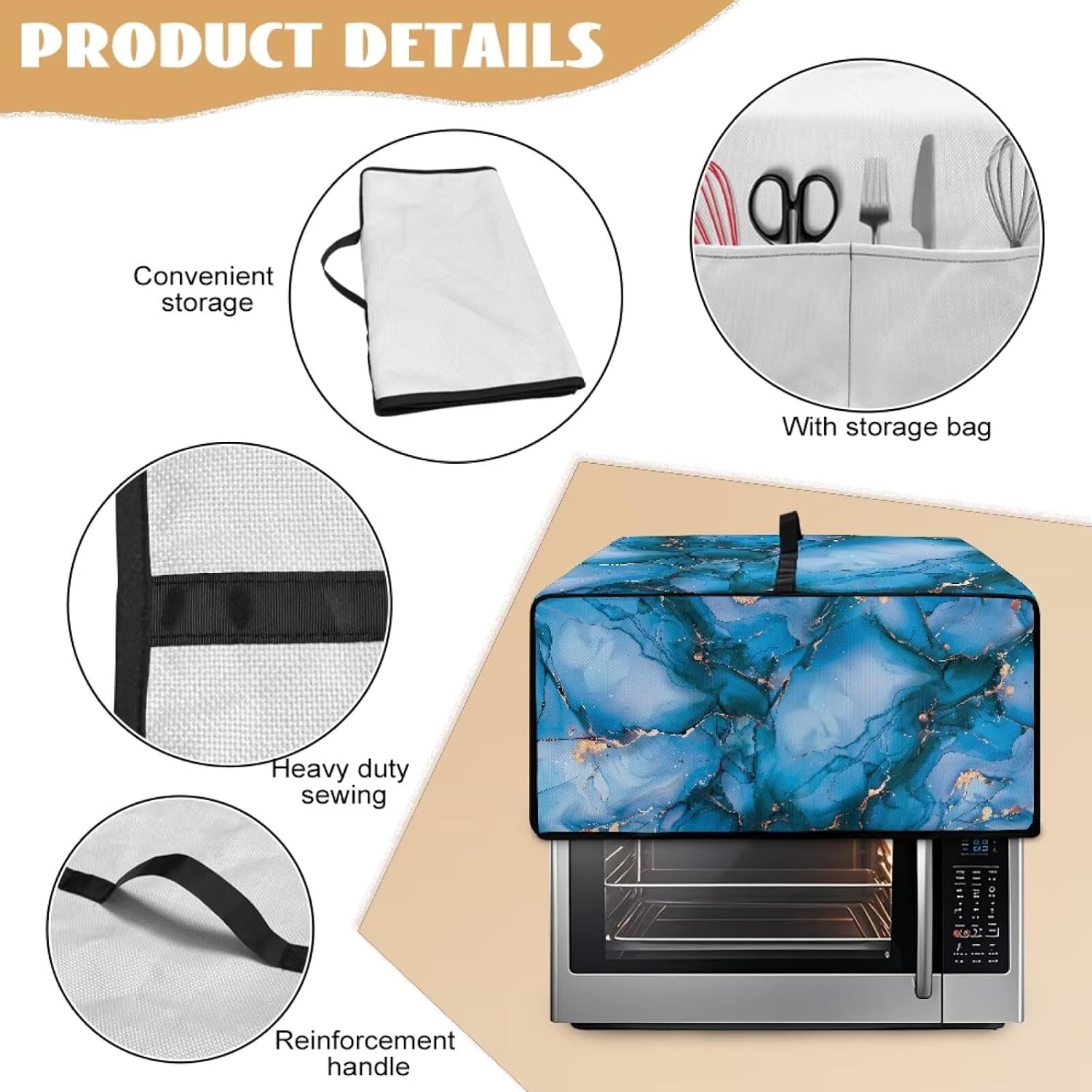 Toaster Oven Dust Cover with Storage Pockets, Dust Protection Smart Oven Cover for Kitchen Countertop Home Decor, S, 14.5 x 18.5 x 9 Inches, Blue Gold Marble image 5