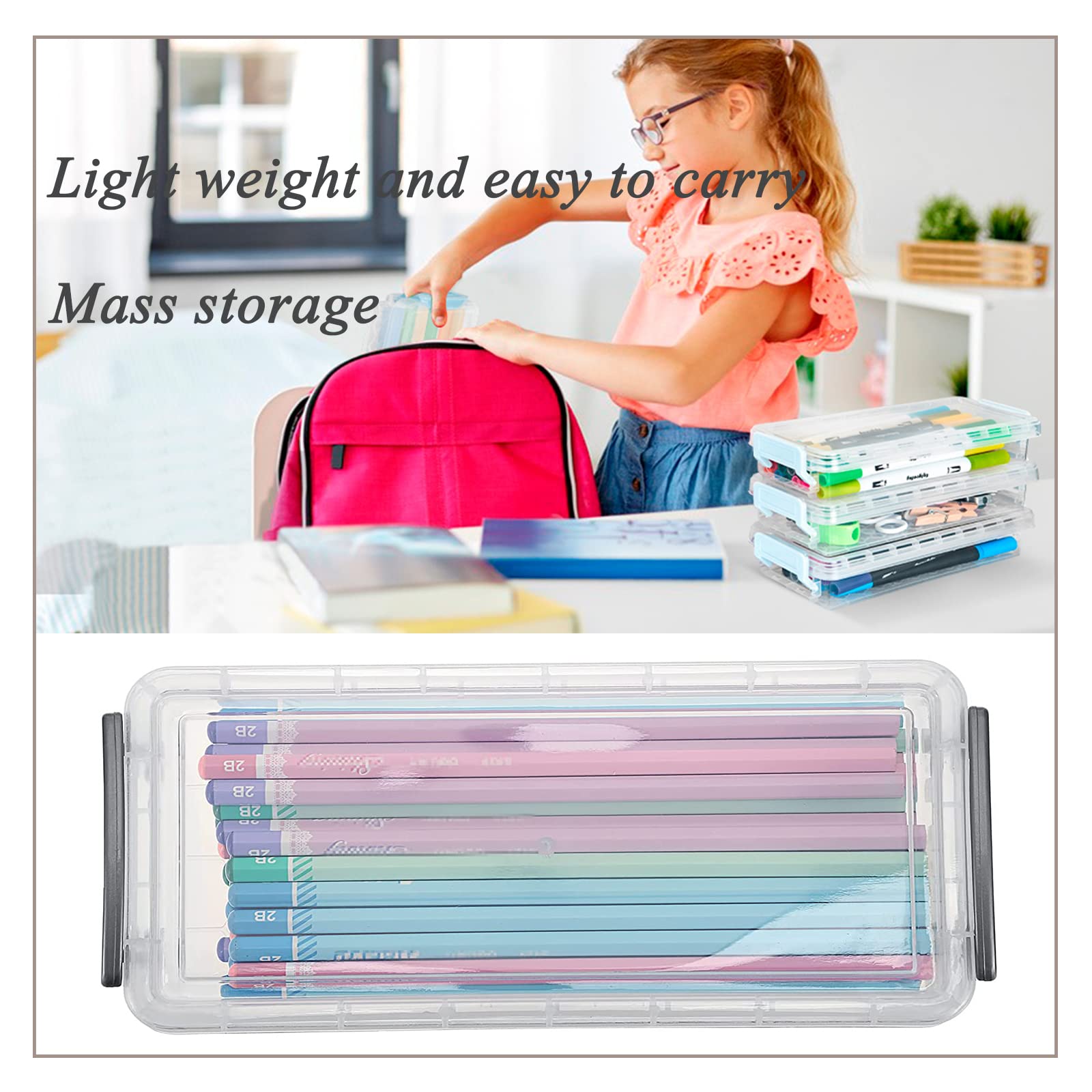 Qualsen Astuccio, Set di 3 Scatole Impilabili Portapenne, Trasparente Plastica Portapenne da Scrivania, Astuccio Grande Capacità, Ideale per Organizzare Ufficio e Casa, 3 Colori