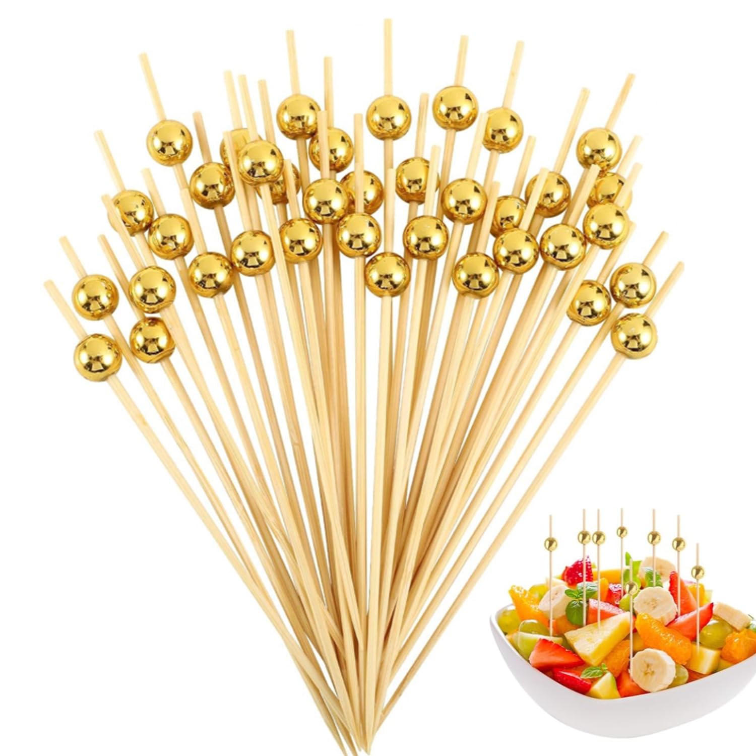 Bobozhong Gold 100Pcs Bamboo Cocktail Sticks (4.7 Inch) - Sturdy Fancy Toothpicks For Appetizers, Skewers & Party Decorations - Pearl Cocktail Picks For Charcuterie, Sandwich, Fruit, Drinks & Canapés