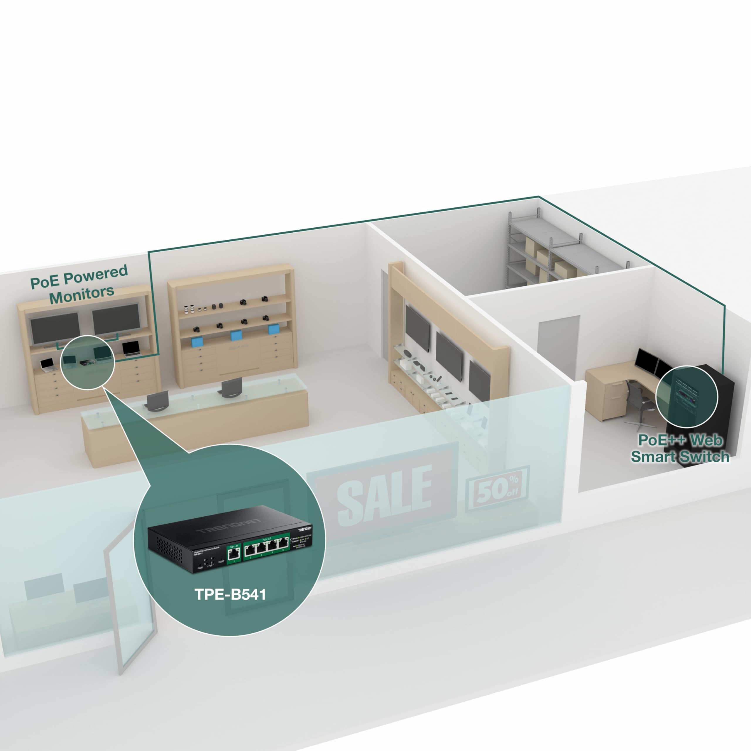 TRENDnet Switch gestionado de 5 Puertos Gigabit PoE++ con Paso PoE, TPE-B541, 1 Entrada Gigabit PoE++, 4 Salidas Gigabit PoE+, 60 W de presupuesto PoE, Compatible con NDAA TAA, protección de por Vida