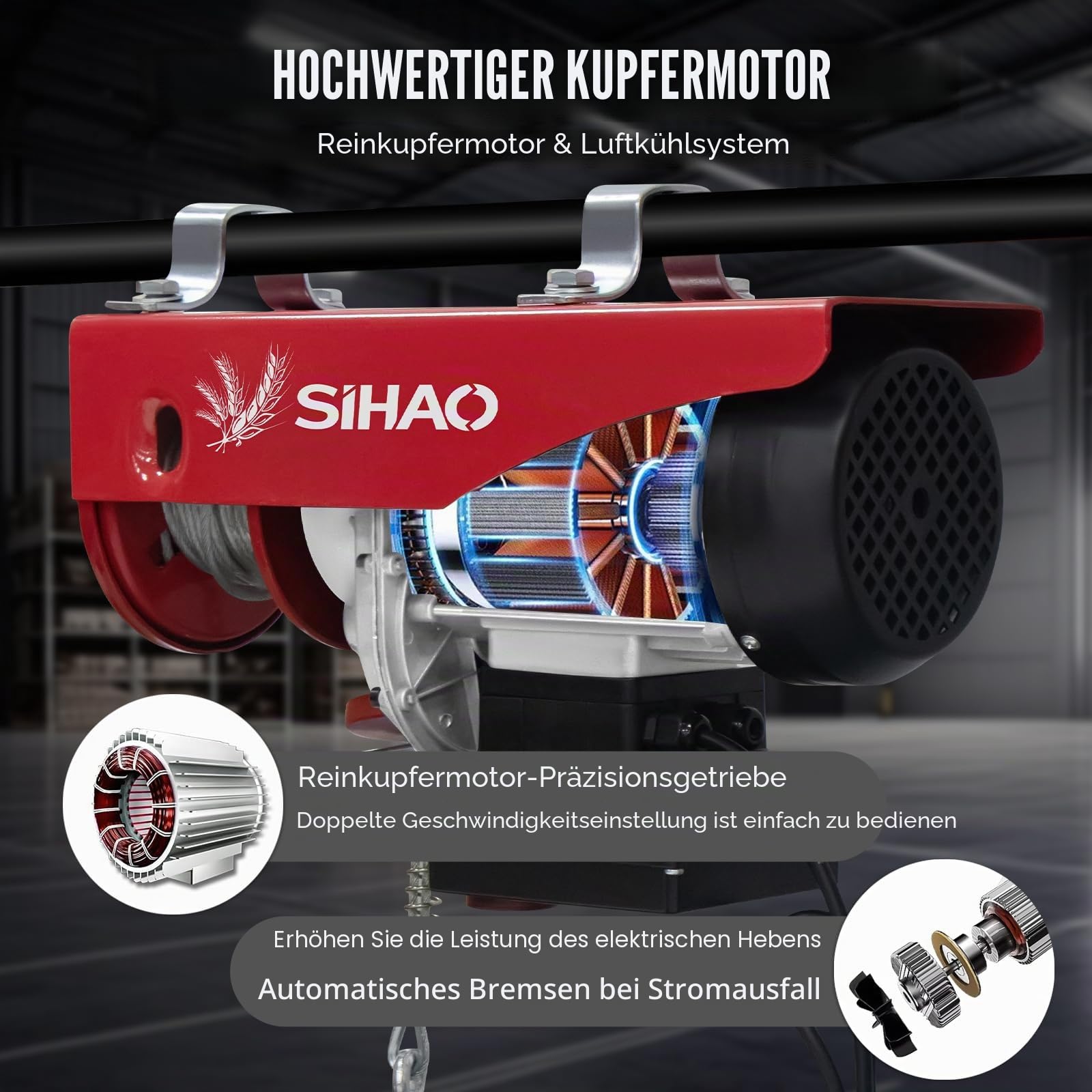 Elektrische Seilwinde 220V, 1000kg Tragkraft, 1800W Kupfermotor, Seilzug Motorwinde mit kabelloser Funkfernbedienung, Hebezeug Flaschenzug Seilhebezug Kettenzug für Garage, Lager, Werkstatt und Fabrik