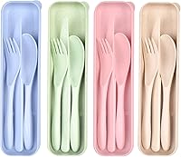 Lnrkai 4-Pack Wheat Straw Reusable Travel Utensils Set with Case - Portable Spoon Fork Knife Cutlery for Camping Picnic Lunch Box Adults