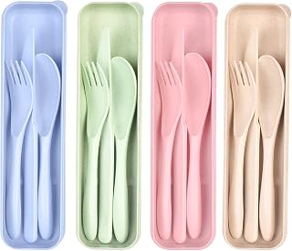 Lnrkai 4-Pack Reusable Travel Utensils Set with Case - Wheat Straw Spoon Fork Knife for Camping Picnic Lunch Box Adults