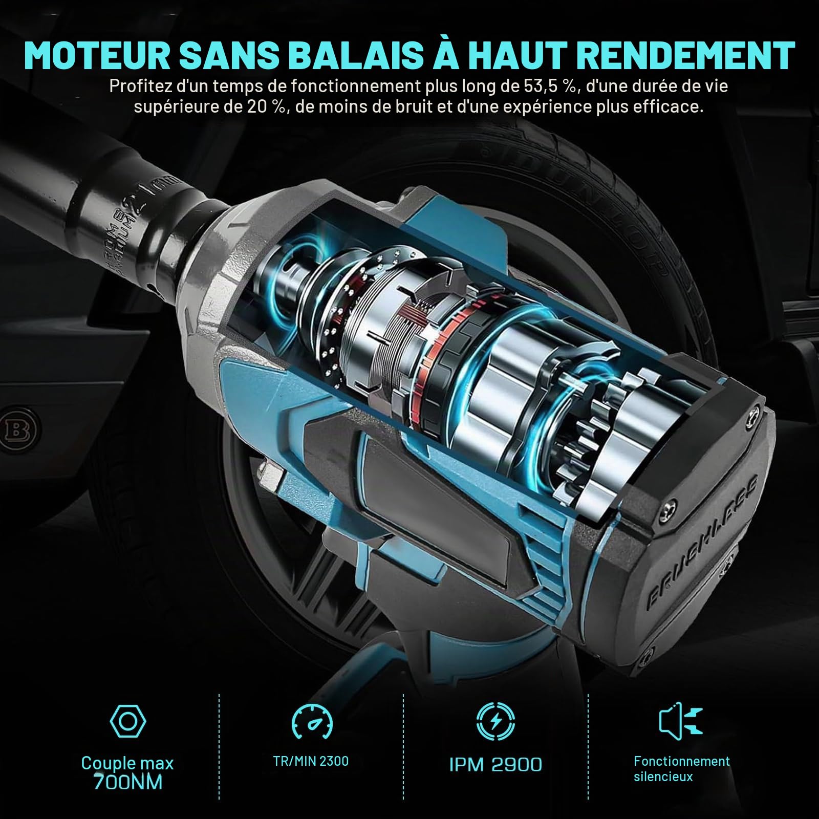 LIROPAU Clé à Chocs sans Fil Brushless 700Nm Boulonneuse à Choc Electrique | Visseuse à chocs Fréquence d'impact 2300RPM, 1/2" Boulonneuse Electrique Avec 2 Batteries 3.0Ah, 6 Douilles à Chocs