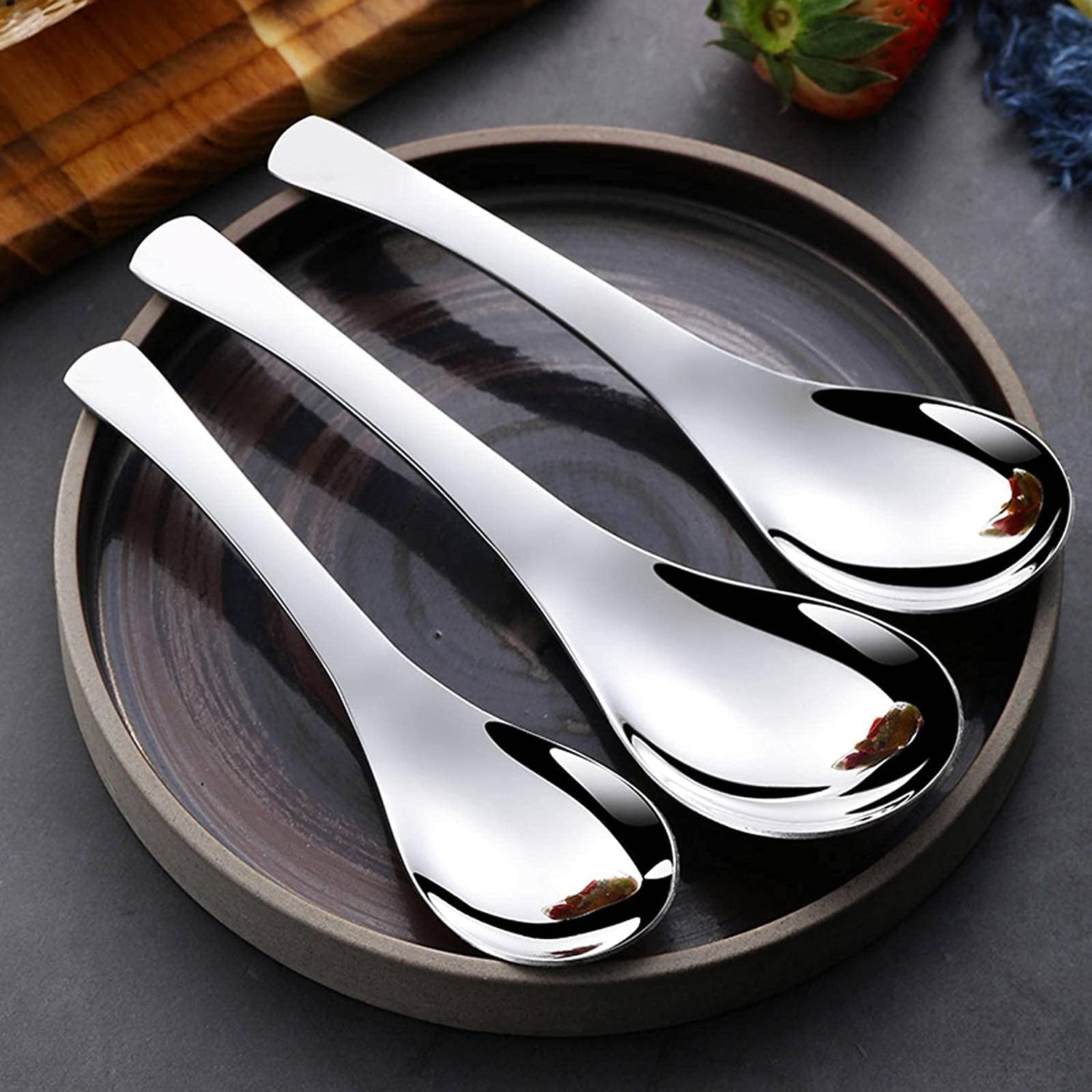 Löffel Restaurants 3 stücke Edelstahl Löffel Kurzer Griff Suppe Set Metall Küche Abendessen SpoonsFor Reisbrei Geschirr Esslöffel Hause(3 Pcs Medium)