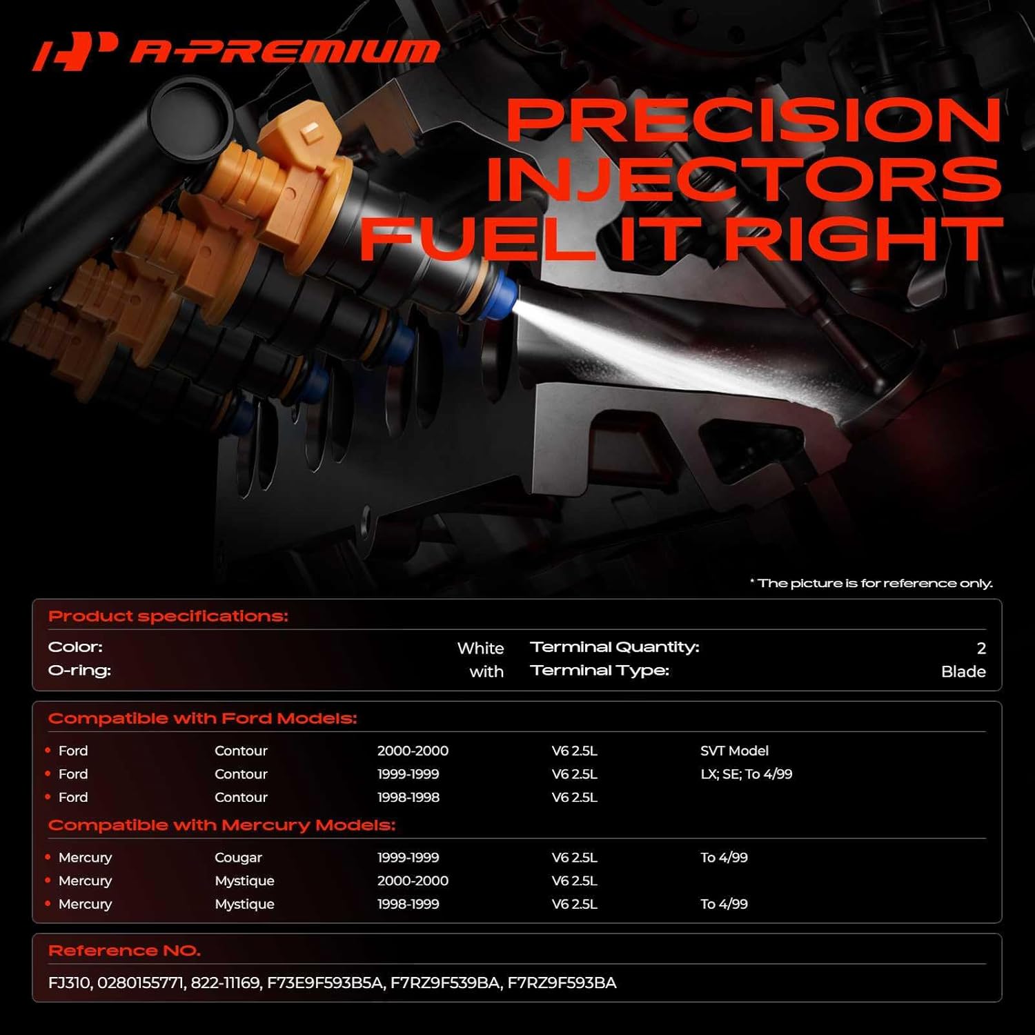 A-Premium Fuel Injectors Compatible with Ford Contour 1998-2000 & Mercury Mystique Cougar 2.5L, Gas, Set of 6, Replace# 0280155771