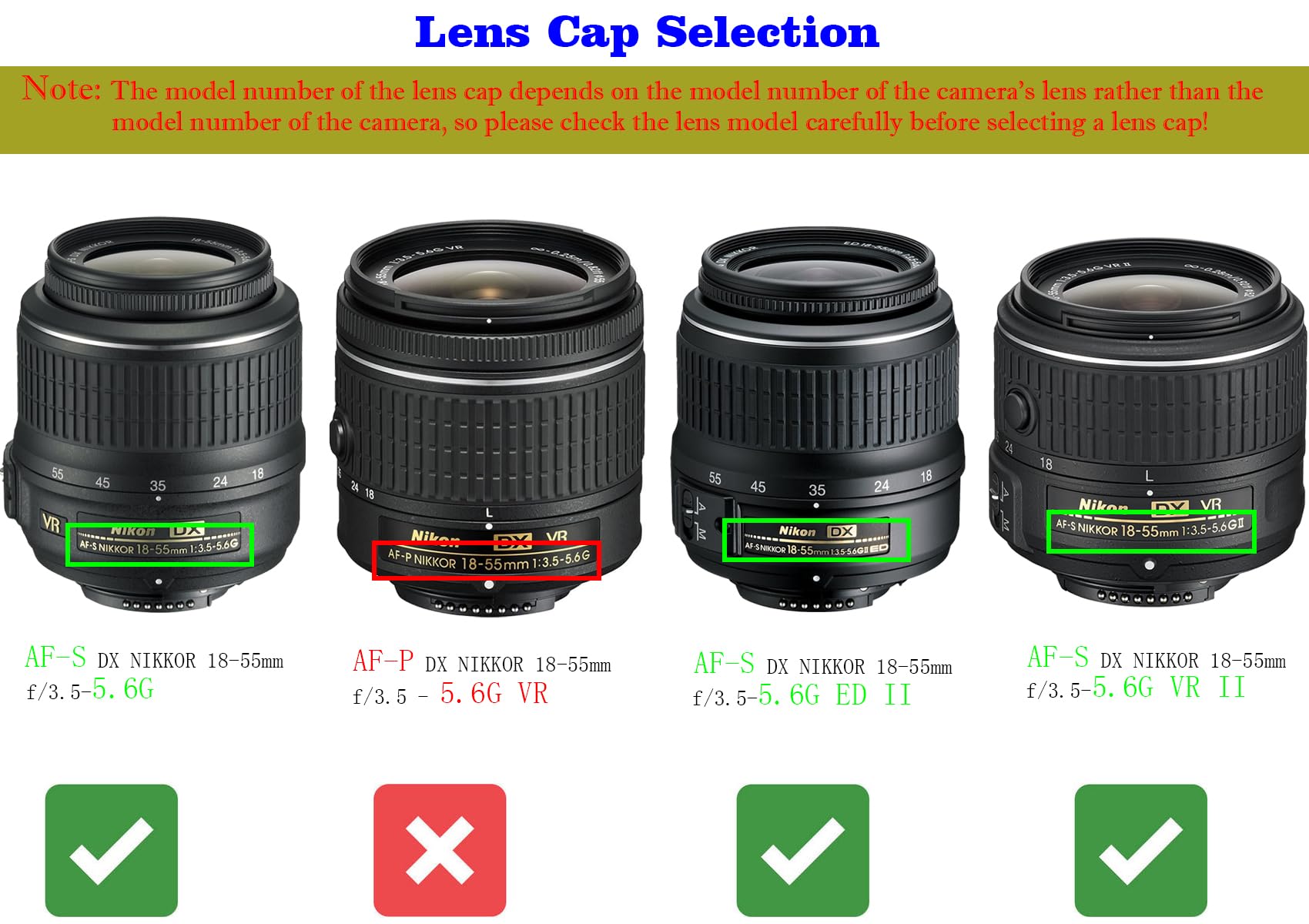 Copriobiettivo da 52 mm per Nikon nikkor D3300 D3200 D3100 D3000 D5100 D5200 D5300 D5500, AF-S DX 18-55 mm f/3.5-5.6G ED, AF-S DX 18-55mm f/3.5-5.6G ED. 5,6 G VR; AF-S DX 18-55mm f/3.5-5.6G VR II