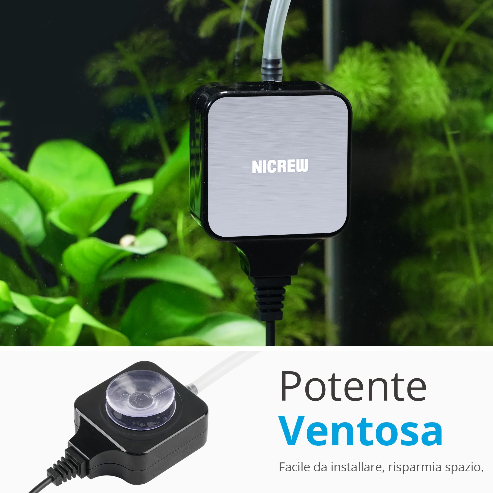 NICREW Nano Silent Max Ossigenatore per Acquario 40-80 L, Accessori per Acquari Ultra-Silenzioso <35 dB Con Valvola di controllo, Efficienza energetica 1,5 W, 36 L/h